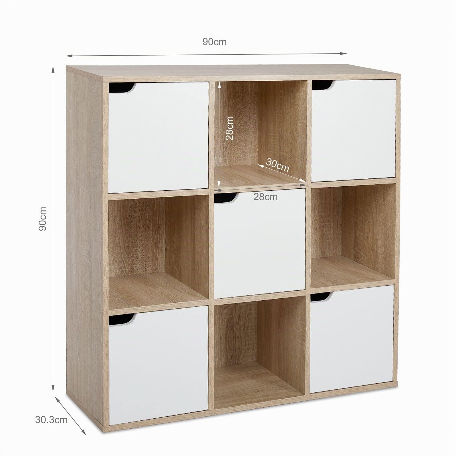 Meerveil Étagère de Rangement 9 Cubes Bibliothèque en Bois Armoire de Rangement, Inclus 4 Cubes Ouvertes et 5 Cubes avec Portes pour Salon Bureau Style Moderne, Chêne