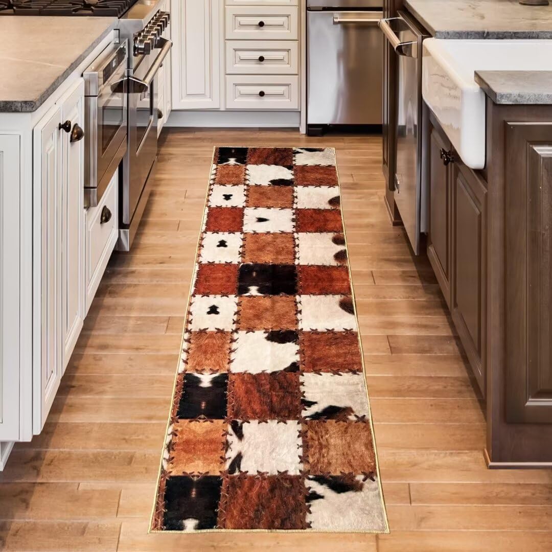 Cowhide Rug Cow Print Rug for Bedroom Western Rugs Brown Runner Rug 2x6,Farmhouse Vintage Throw Accent Area Rug Non Slip Washable Runner Floor Carpet for Entryway Hallway Kitchen Laundry Bathroom
