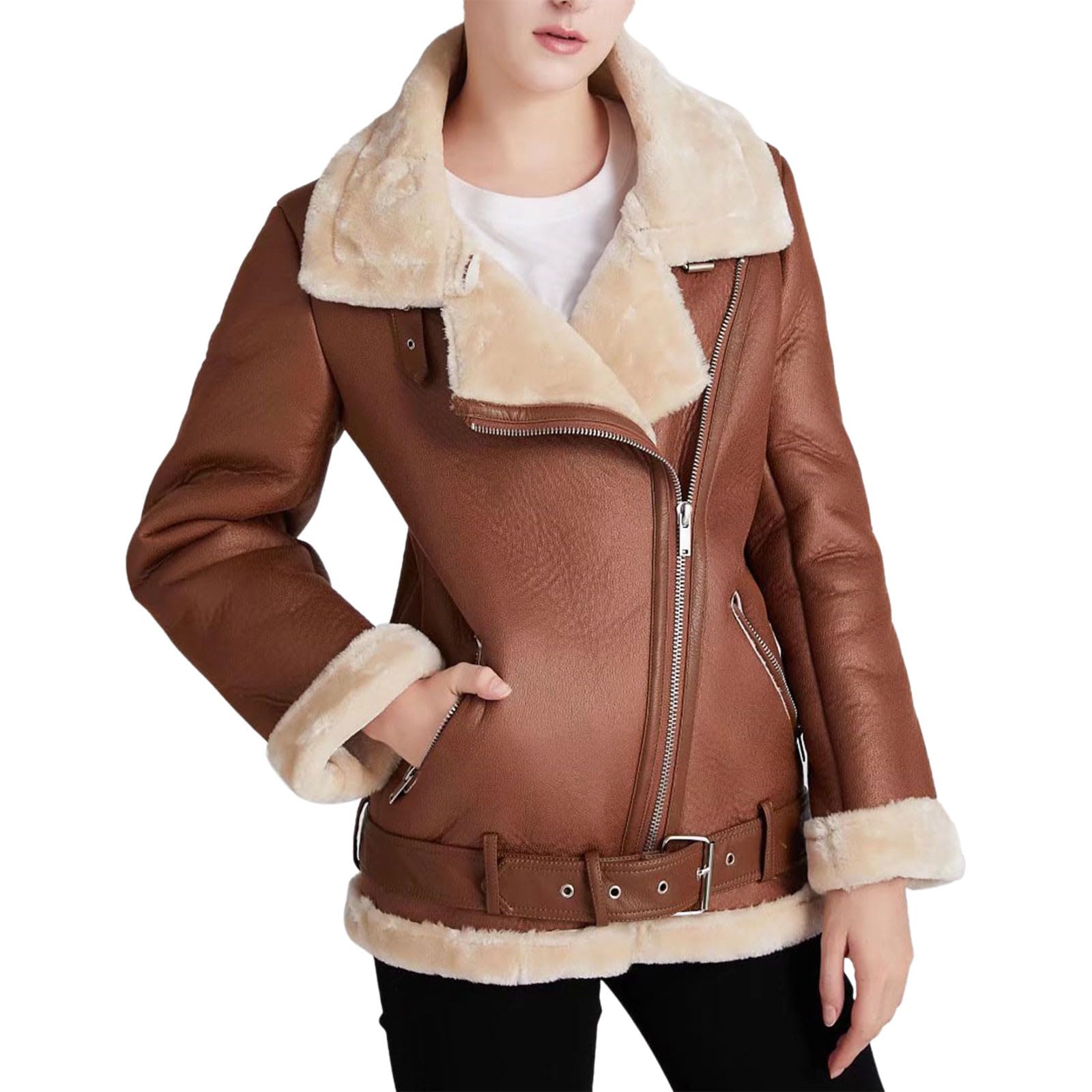 Bikerjacke Damen Leder - Winterjacke Damen Warm Gefüttert Fleece
