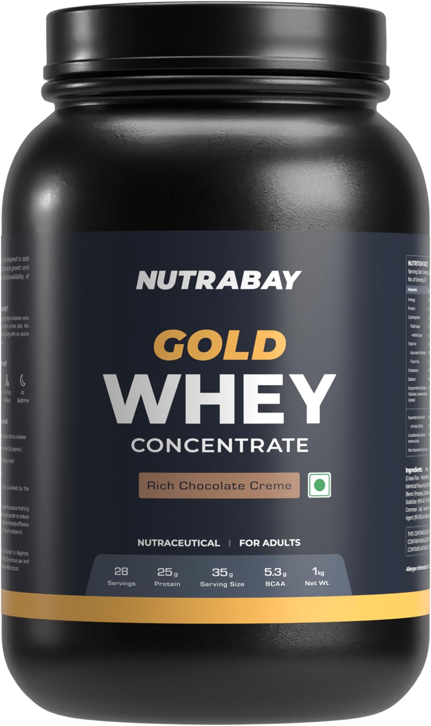 Gold 100% Whey Protein Concentrate with Digestive Enzymes - 25g Protein, 5.3g BCAA, 3.9g Glutamic Acid - 1Kg, Rich Chocolate Crème