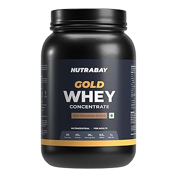 Nutrabay Gold Whey Protein Concentrate with Digestive Enzymes 25g Protein, 5.3g BCAA, 3.9g Glutamic Acid – Muscle Support & Recovery – 1kg, Rich Chocolate Crème | Trustified Certified Authentic