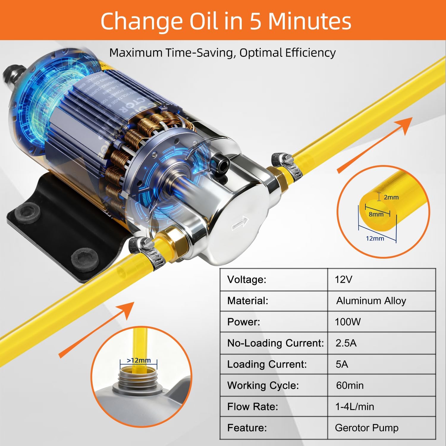 12/24V 100W Electric Oil Change Extractor Pump, 1-4L/min Oil Transfer Pump for Engine/Transmission/Gear Oil Change, Fluid Transfer Pump for Boats, Trucks, Cars, RVs, Lawnmowers(Oil Pump-B)
