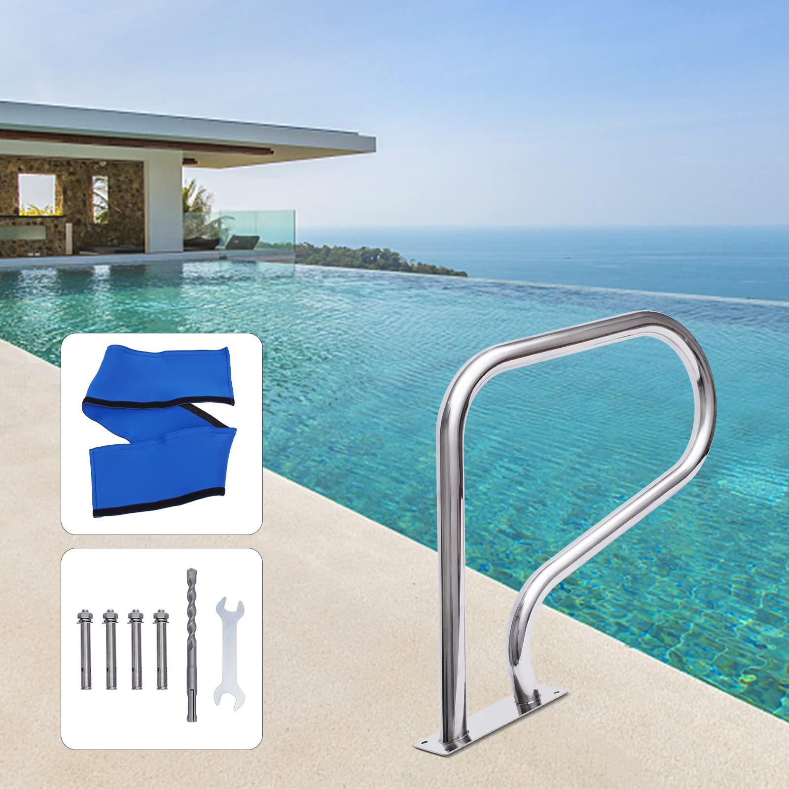 Asidero para piscina de acero inoxidable, 120 kg, capacidad de carga de 120 kg, diseño de curvas, ayuda para la entrada a la piscina con cubierta de agarre para piscinas, parques acuáticos, spa, 58 x