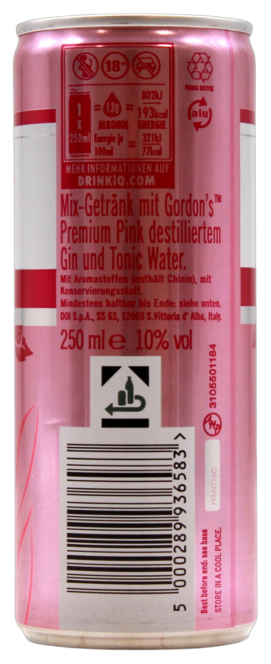 Gordon's Premium Pink Distilled Gin & Tonic, Erfrischendes Pink-Mixgetränk mit 10 Prozent Alkohol, 12 Dosen x 250 ml (EINWEG Verpackung), Trinkfertiges Getränk für unterwegs & gesellige Anlässe
