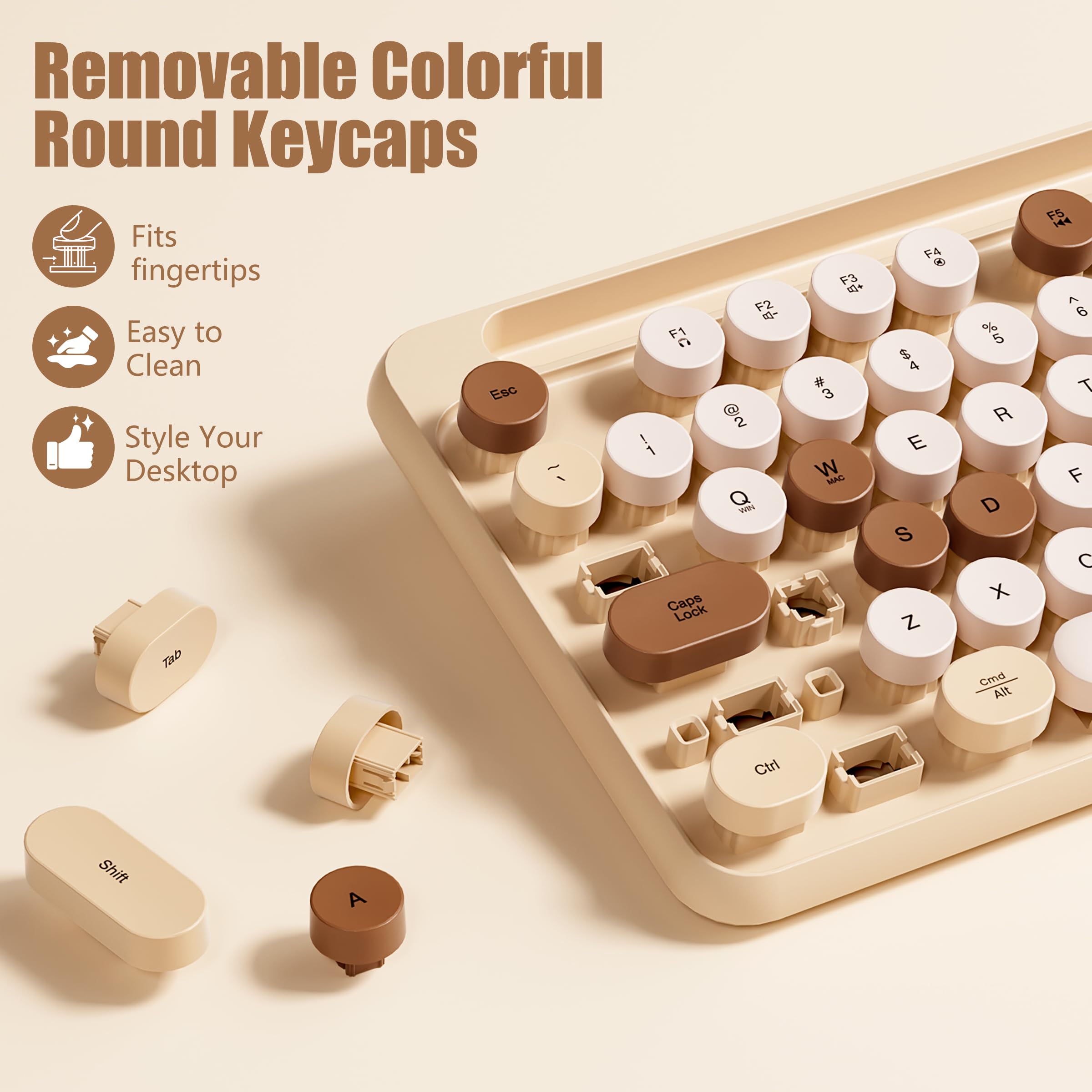 Hamile Combo de teclado y mouse inalámbricos, reposamuñecas desmontable, soporte para teléfono/tableta, teclado estilo máquina de escribir retro, teclas redondas coloridas, inalámbrico de 2.4 GHz para