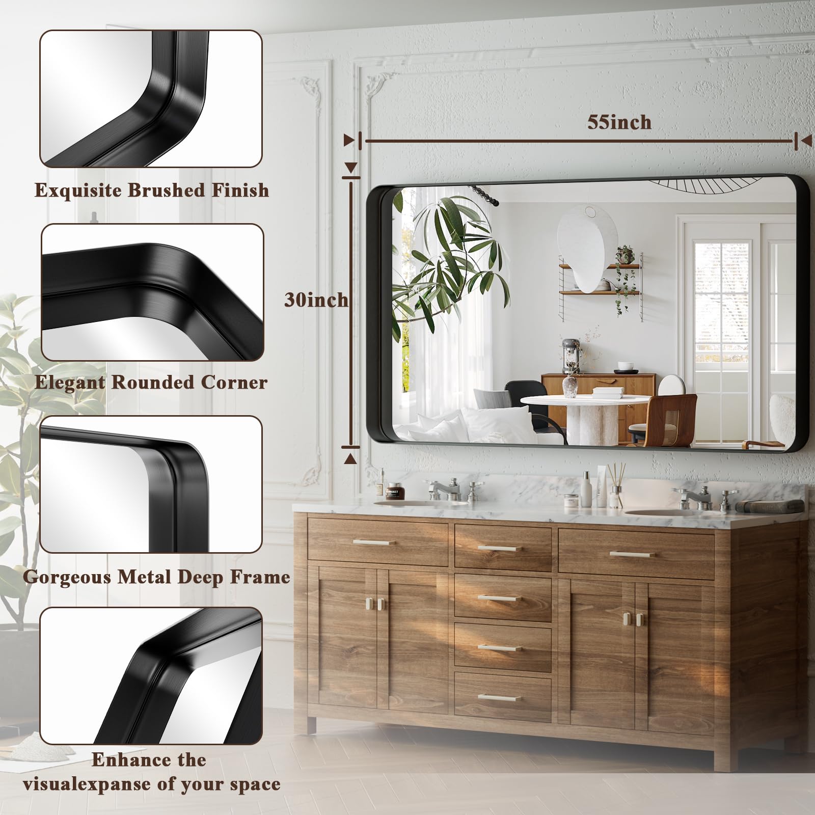 Specchio da bagno, 101,2 x 76,2 cm, nero, rettangolare, con cornice in lega di alluminio, specchio da parete in vetro temperato antiruggine, da appendere verticalmente o orizzontalmente