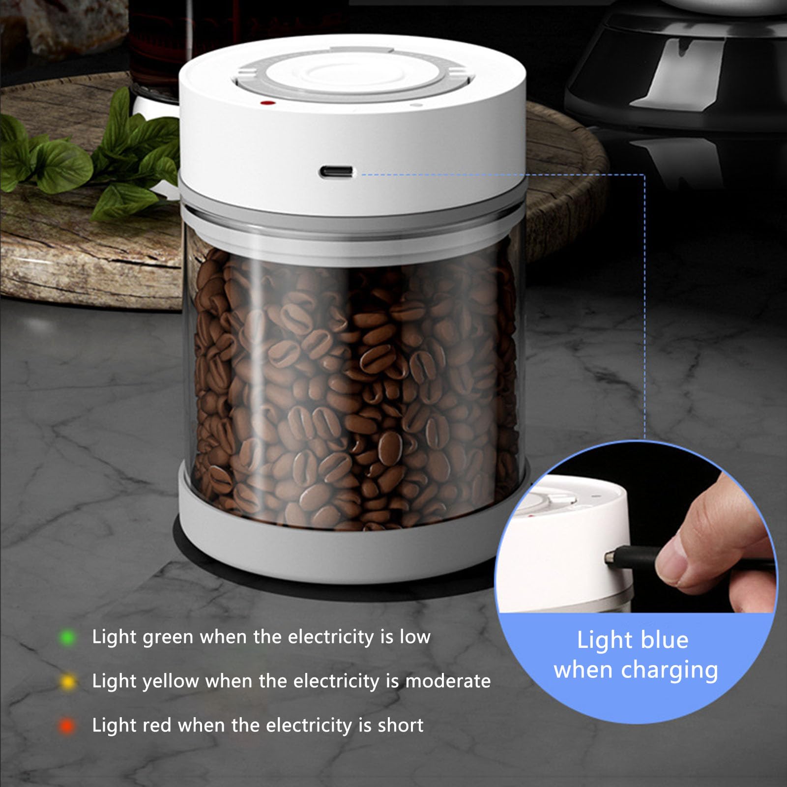 Asixxsix Automatischer Vakuum-Kaffee-Behälter, luftdicht verschlossener elektrischer Vakuum-Behälter, Kaffeebohnen Tee Trockenfrüchte Nüsse Aufbewahrungs-Organisator Eingebauter 500mAh