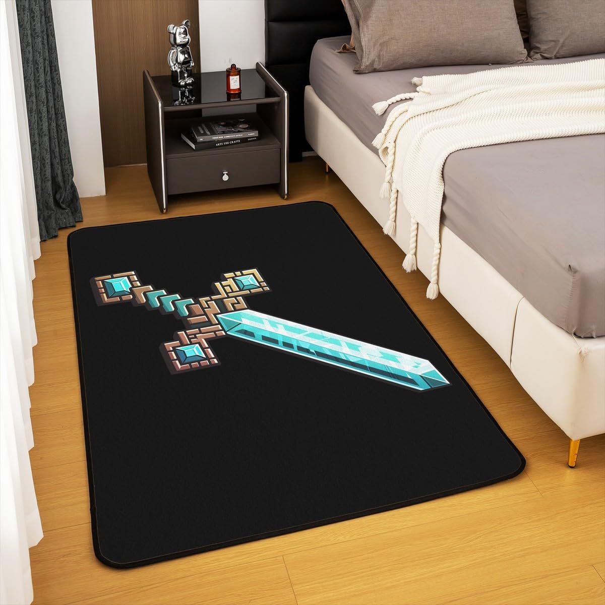 Blue Sword Area Rug,Pixelated Check Sword Carpet,Sandbox Block Gaming Indoor Home Floor Mat,Kids Boys Modern Black Games Theme Bedroom Living Room Decorative Rugs,3'x5' image 4