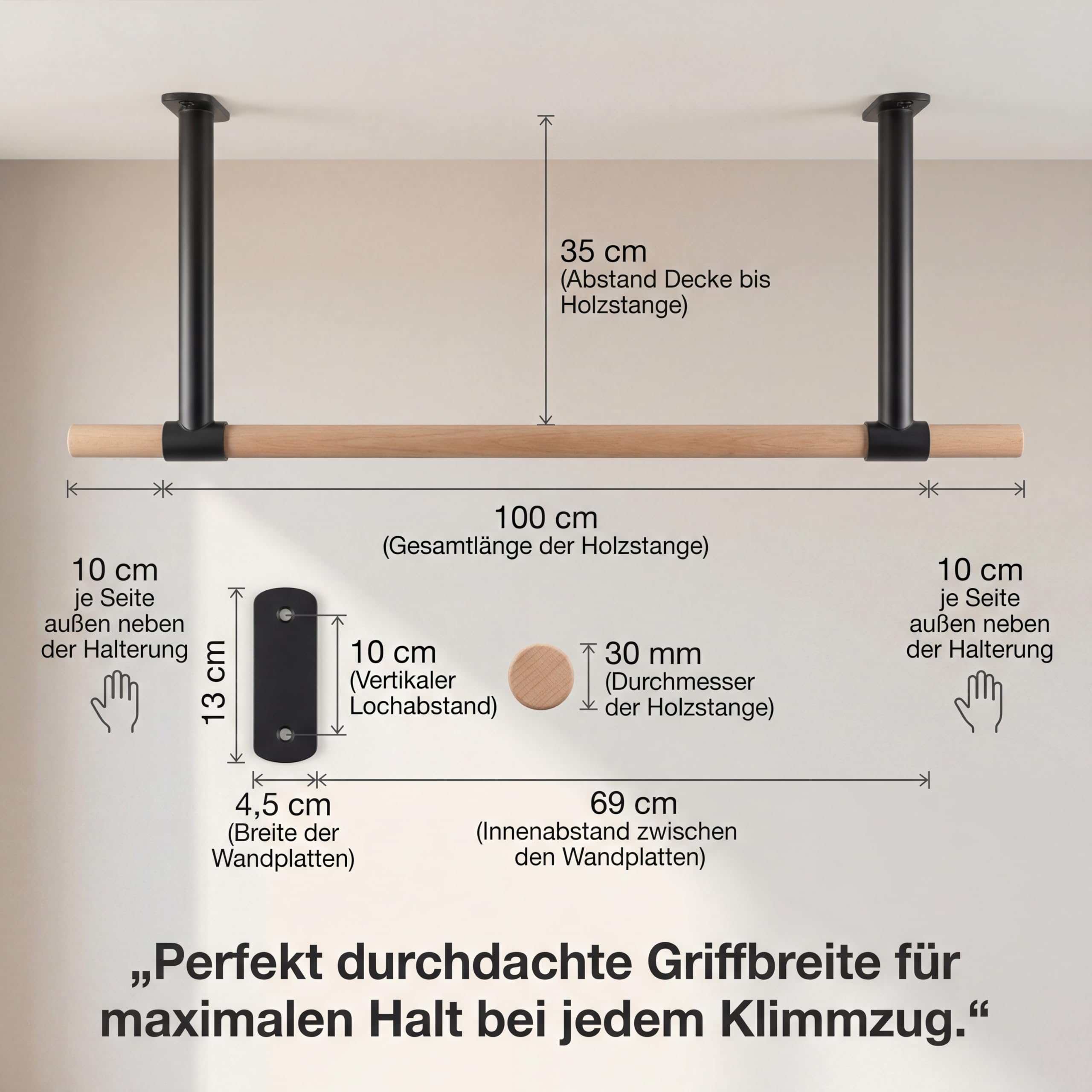 Klimmzugstange Decke - stilvolle Pull Up Bar aus Holz zur festen Deckenmontage - platzsparendes Design und hohe Bewegungsfreiheit - Calisthenics Equipment für Zuhause - bis 125kg