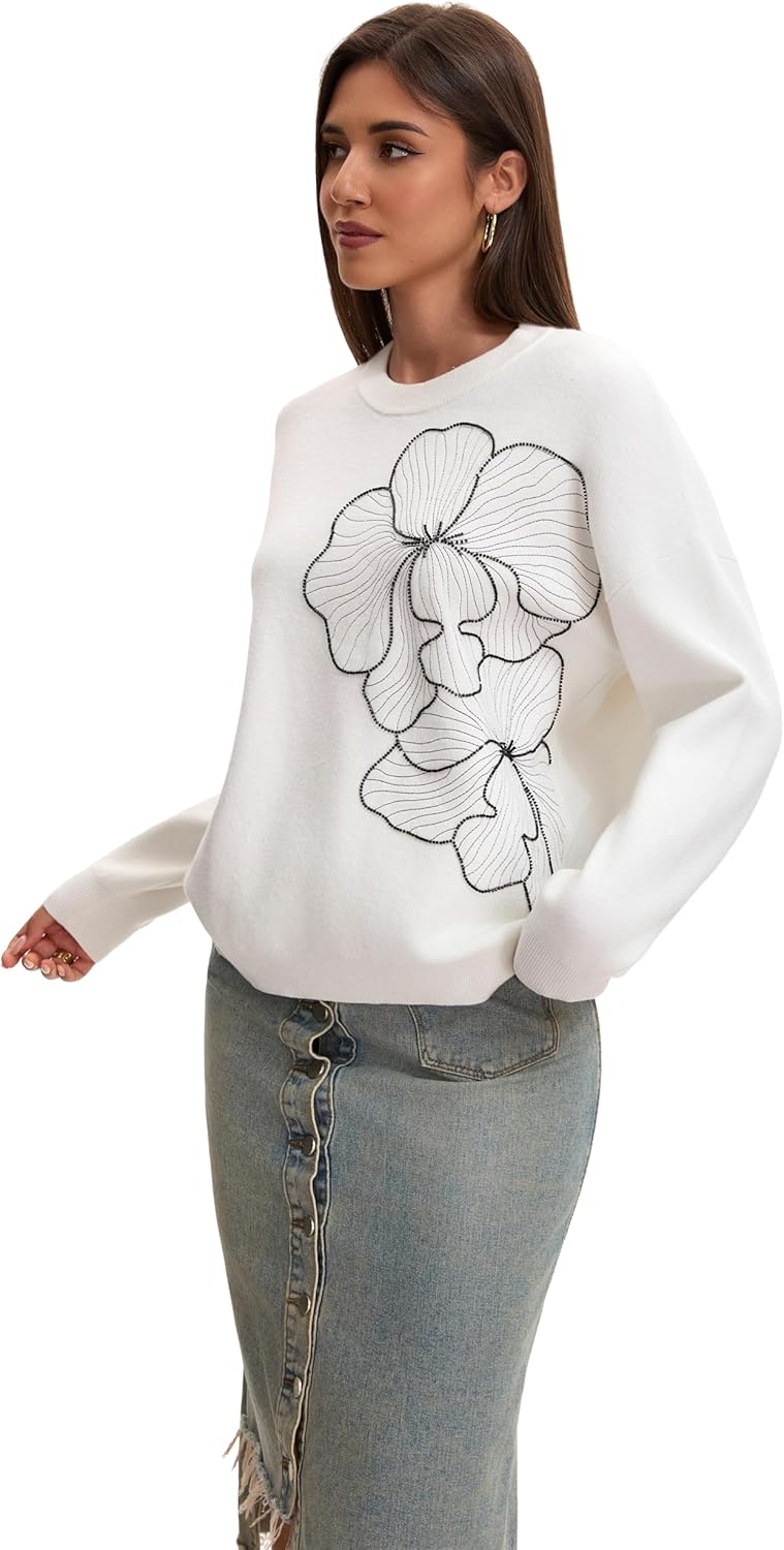 Froggirl Women's Floral Embroidered Crewneck Sweater Soft Knit Pullover Drop Shoulder Stylish Casual Top