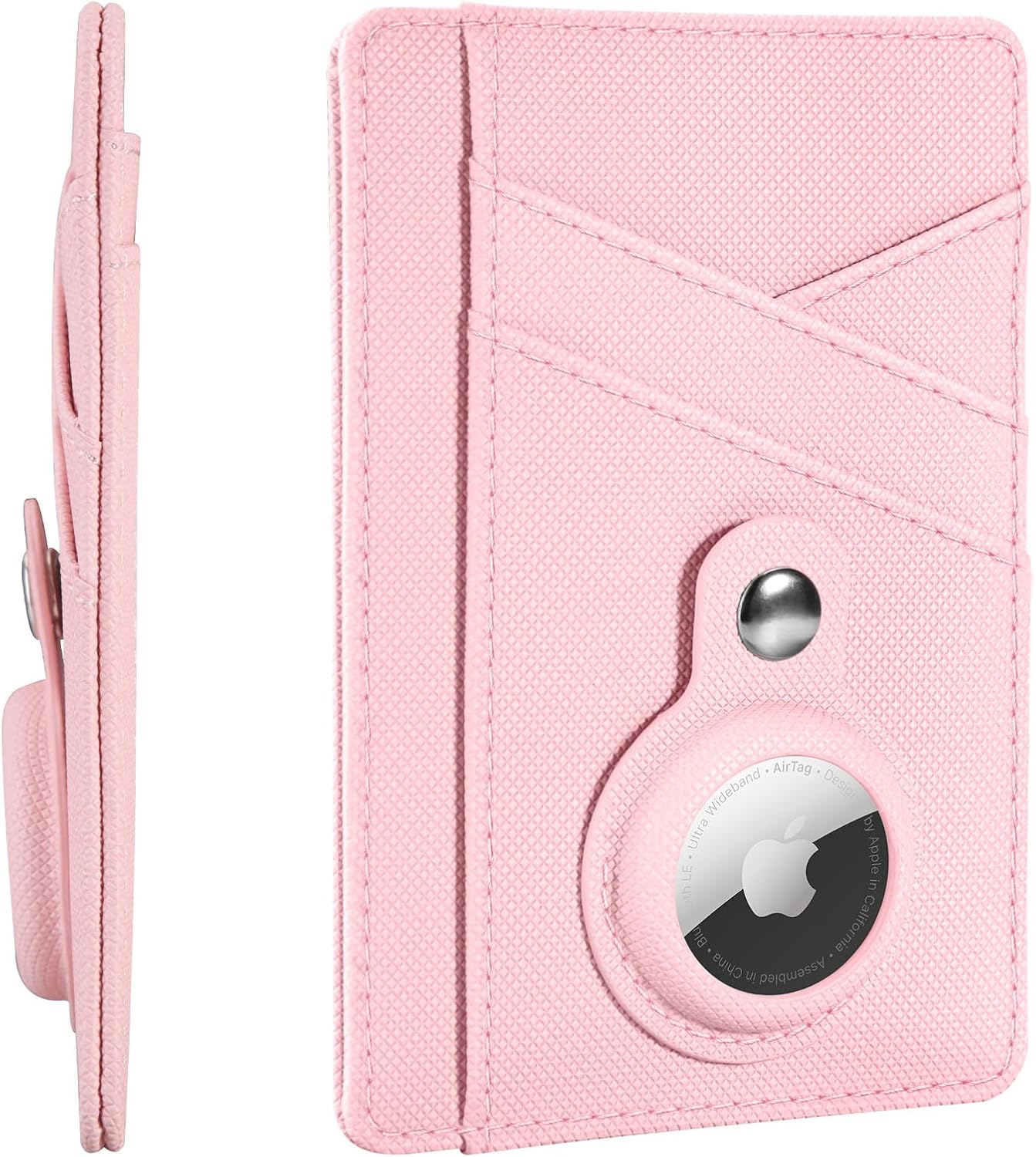 Minimalist Wallet with AirTag Holder Credit Card Holder Slim Wallet for Women, Leather Front Pocket Wallet Compact Small Card Holder Travel Thin Card Case ID Window RFID Blocking Card Organizer (Pink)