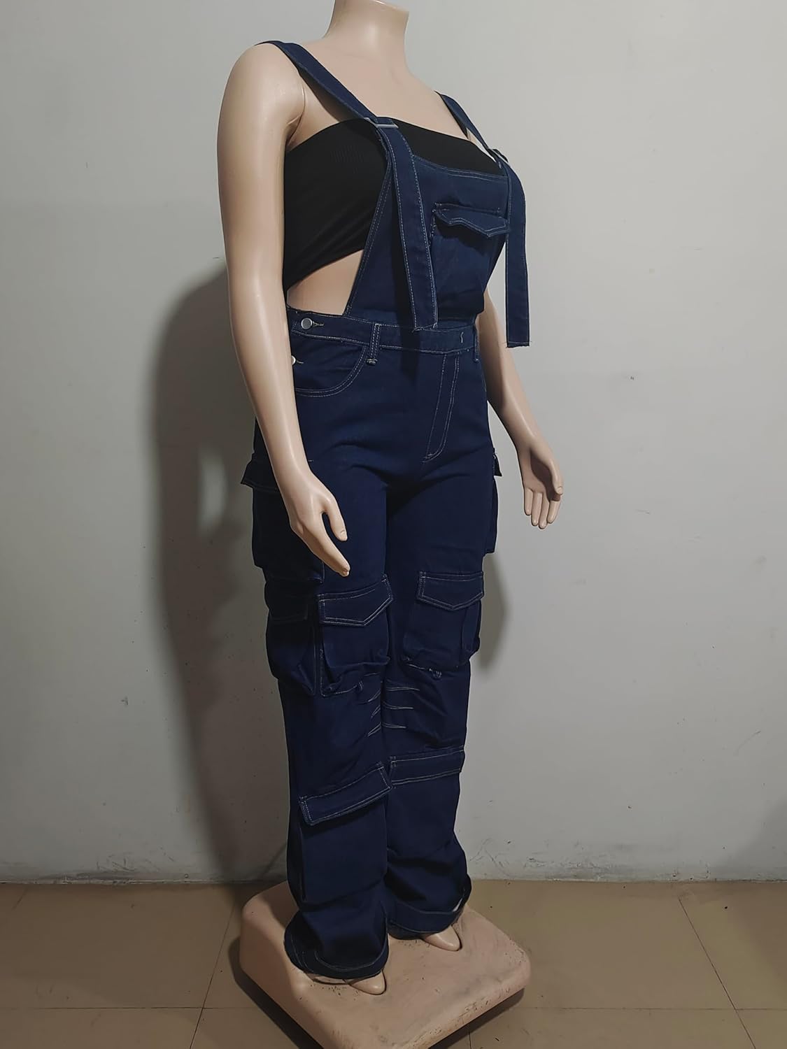 Girls overalls women's denim overalls straight high waist Y2K work jeans street fashion summer shoulder large pocket jumpsuit (Medium, blue)
