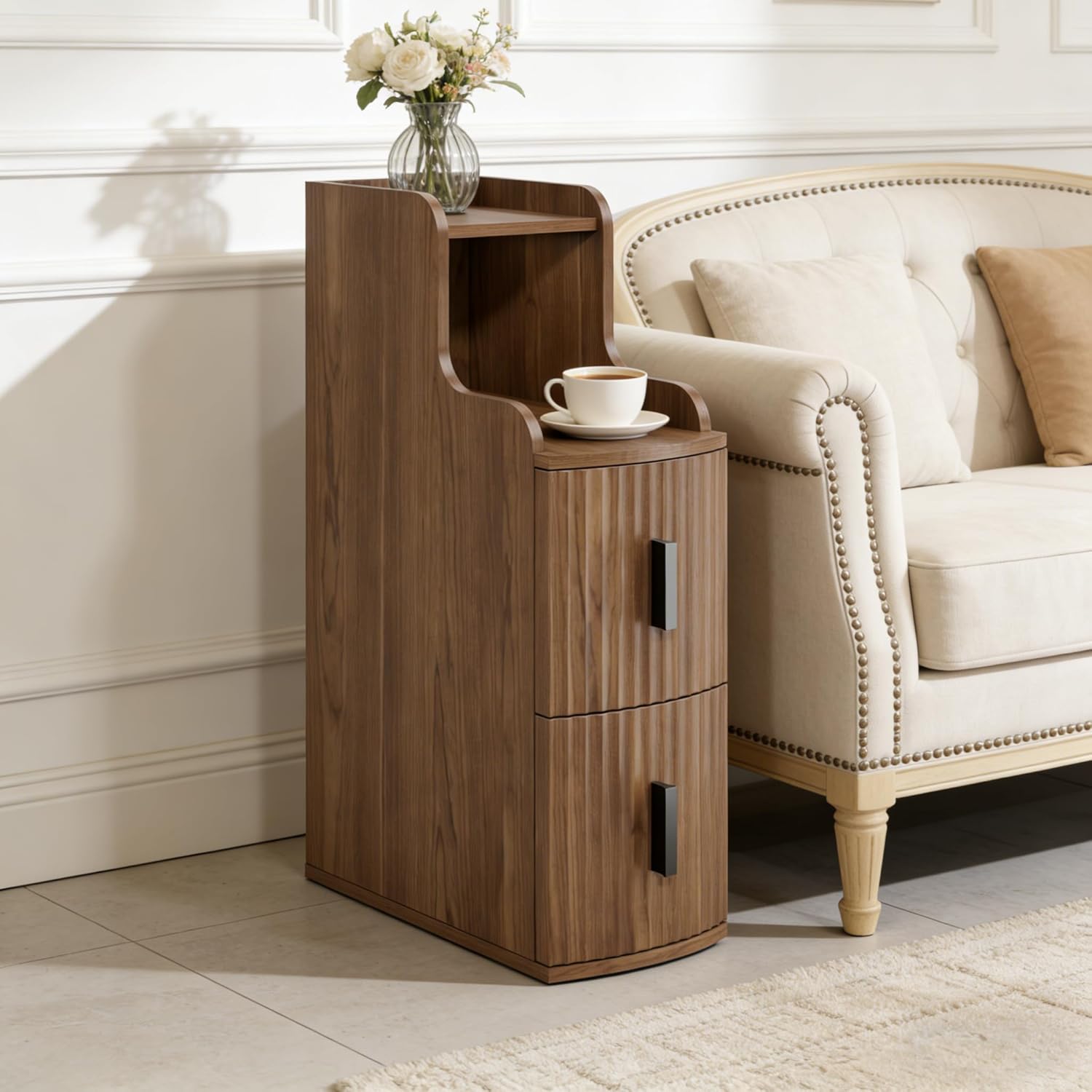 Narrow Nightstand with 2 Storage Drawers for Bedroom Slim Bedside Table for Small Spaces Modern Night Stand with Raised Edge Open Storage Shelf for Sofa Entryway (1, Walnut)