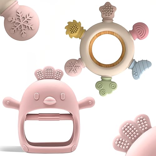 Paquete de 2 juguetes de dentición para bebés de 0 a 6 y 6 a 12 meses, guantes de dentición de silicona de grado alimenticio, sin caída y mordedor,