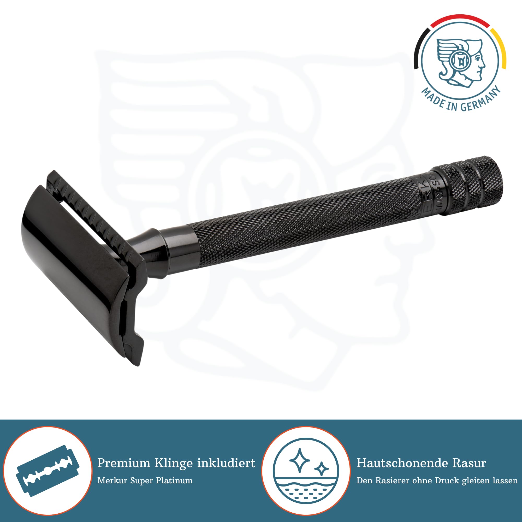 MERKUR Rasierhobel 23B | Klassiker mit langem Griff Schwarz | Dreiteiliger Rasierer mit geradem Schnitt | Geschlossener Kamm | Ideal für Nassrasur | Messing Griffstück | Made in Germany