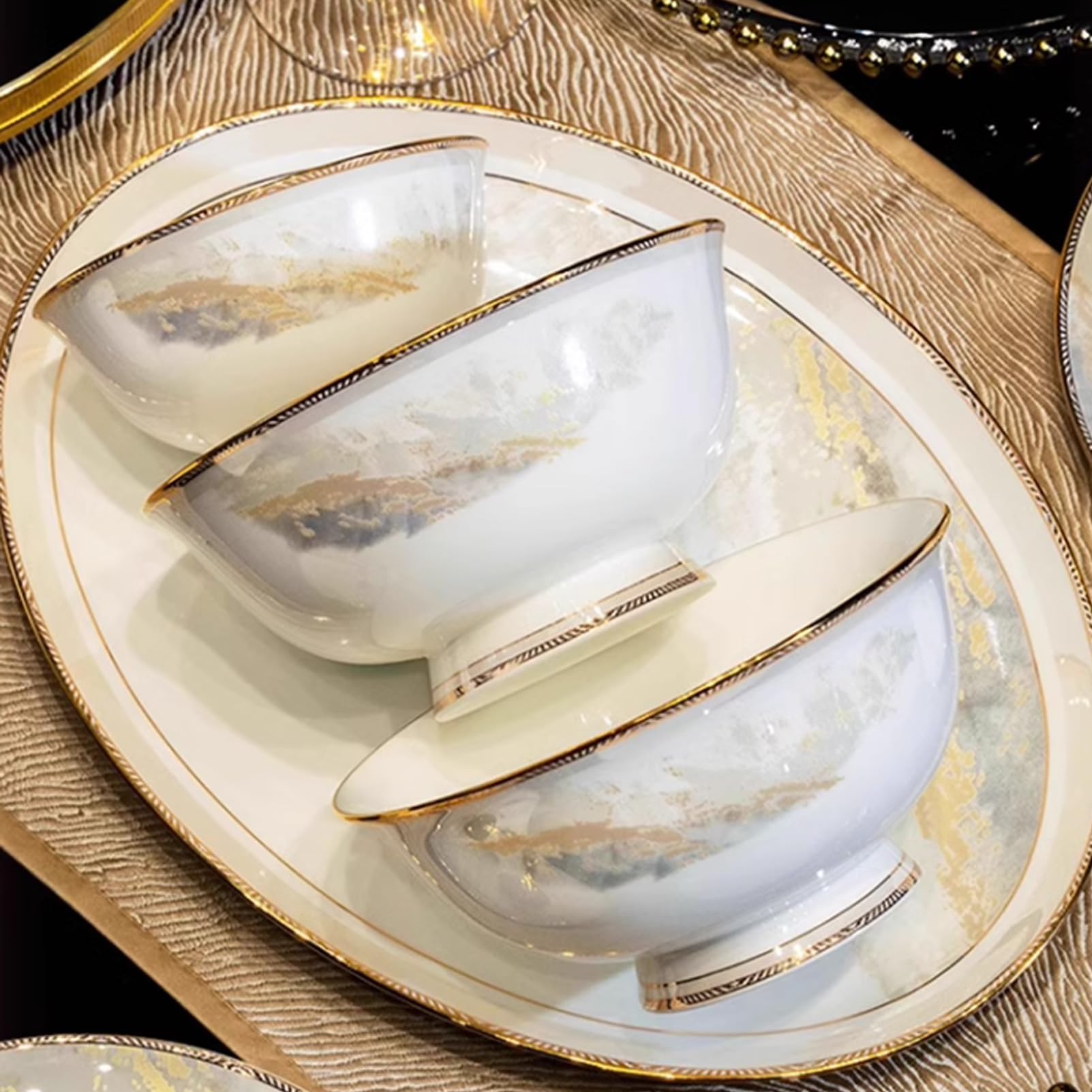 Zestaw zastawy stołowej, porcelanowa zastawa stołowa dla 6 osób, zawiera talerze, miski, łyżki i pałeczki, nadaje się do kuchenki mikrofalowej i piekarnika, 30 sztuk