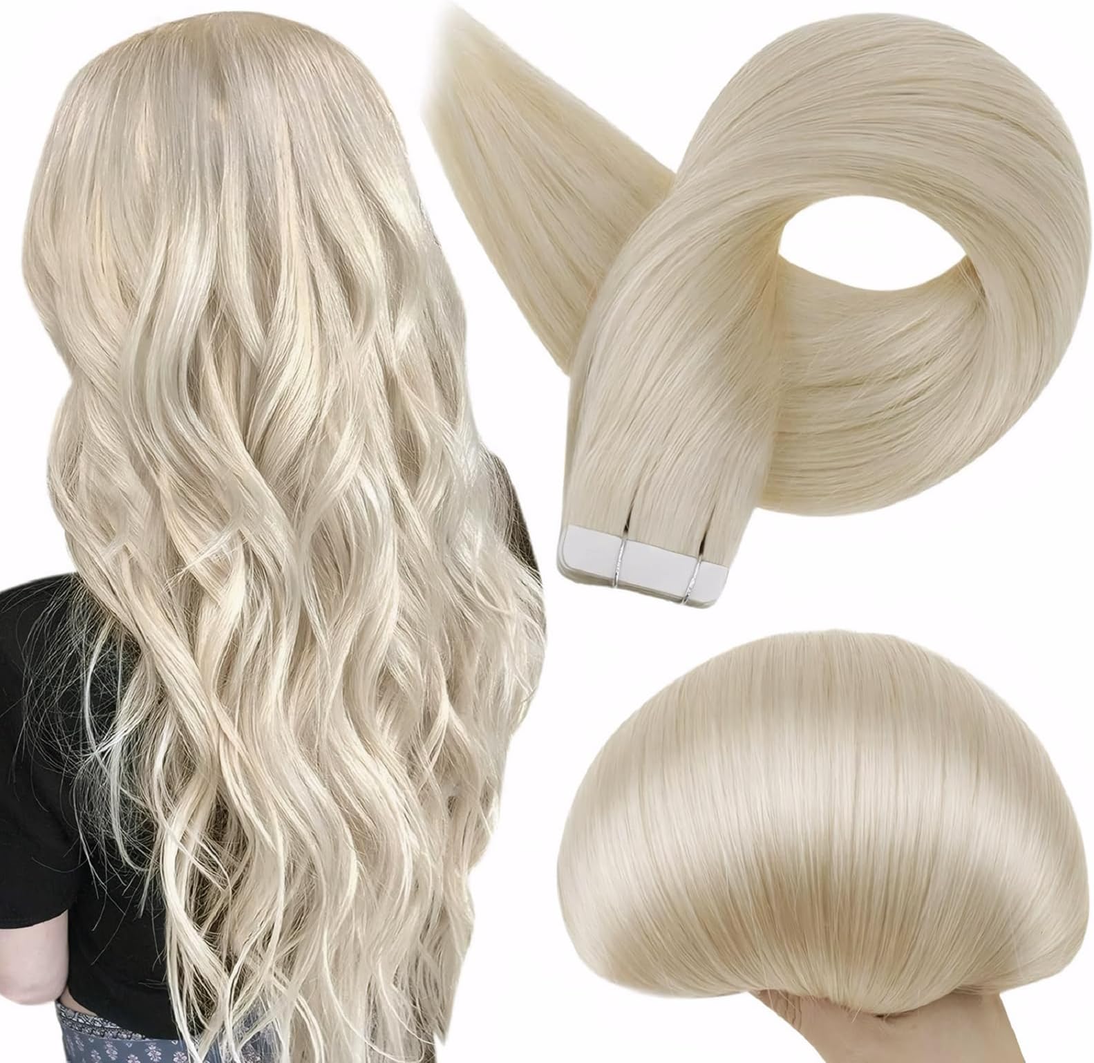 Tape in Hair Extensions Brazilian Human Hair Color 60 Platinum Blonde Tape in Extensions Seamless Skin Weft 20Pcs Invisible Real Remy Extension Adhesive Double Sided Tapes ins 50G 22Inch