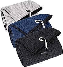 3 Pack Large Golf Towels, 16" x 24" Tri-Fold Portable Microfiber Fabric Waffle Pattern Golf Towel for Golf Bag with Carabiner Clip to Quickly Remove Sand, Mud, Dirt and Sweat