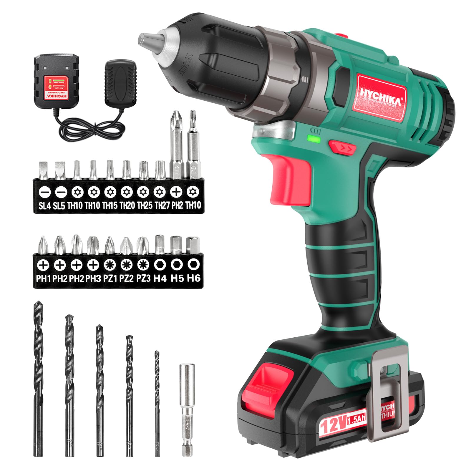 Hychika cordless screwdriver 12V, 30-Nm max. 1500mAh Torque, 1-hour quick charge, 4 x flat drill bits, 6 x spiral drills, 6 x screw bits, 5 x socket wrench inserts, carry bag