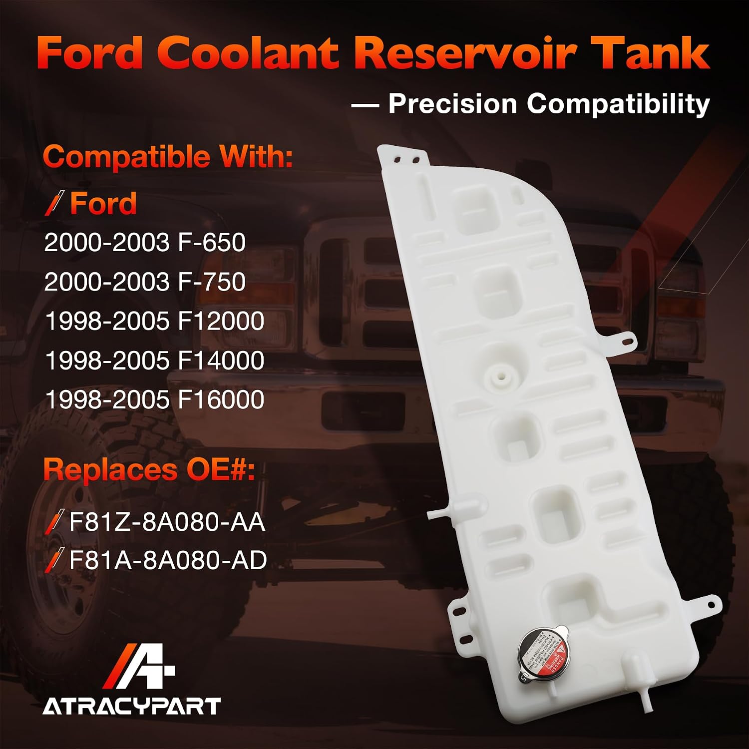 F81Z-8A080-AA Radiator Coolant Reservoir Tank w/Cap, Compatible with Ford 00-03 F-650 F-750, 98-05 F12000 F14000 F16000, Engine Recovery Overflow Surge Expansion Bottle, Replace# F81A-8A080-AD