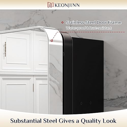 Vista 4 de Keonjinn Espejo de botiquín cromado de 16 x 24 pulgadas, botiquín empotrado para baño, elegante marco de acero inoxidable, estantes ajustables