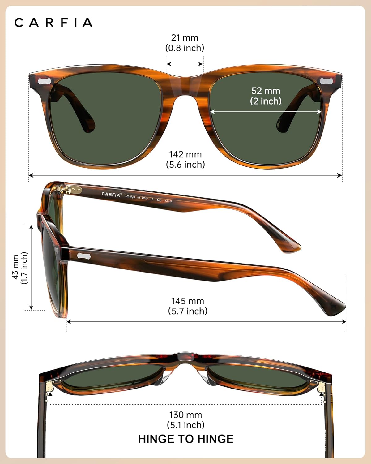 CARFIA Thick Polarized Sunglasses for Men UV400 Protection, Retro Square Hand-crafted Acetate Driving Shades CA5356