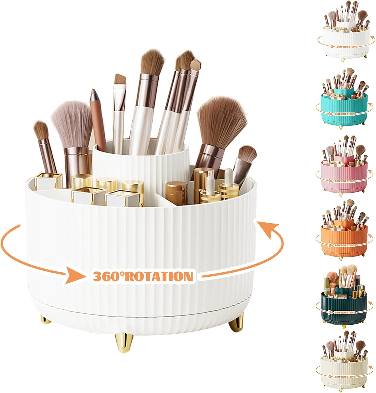 360° Rotating Makeup Organiser, Make Up Brush Holder with 5 Compartments, Desk Storage Container for Bedroom Dressing Table Cosmetics Organizer, Office Stationery Storage, Desktop Pen Holders (White)