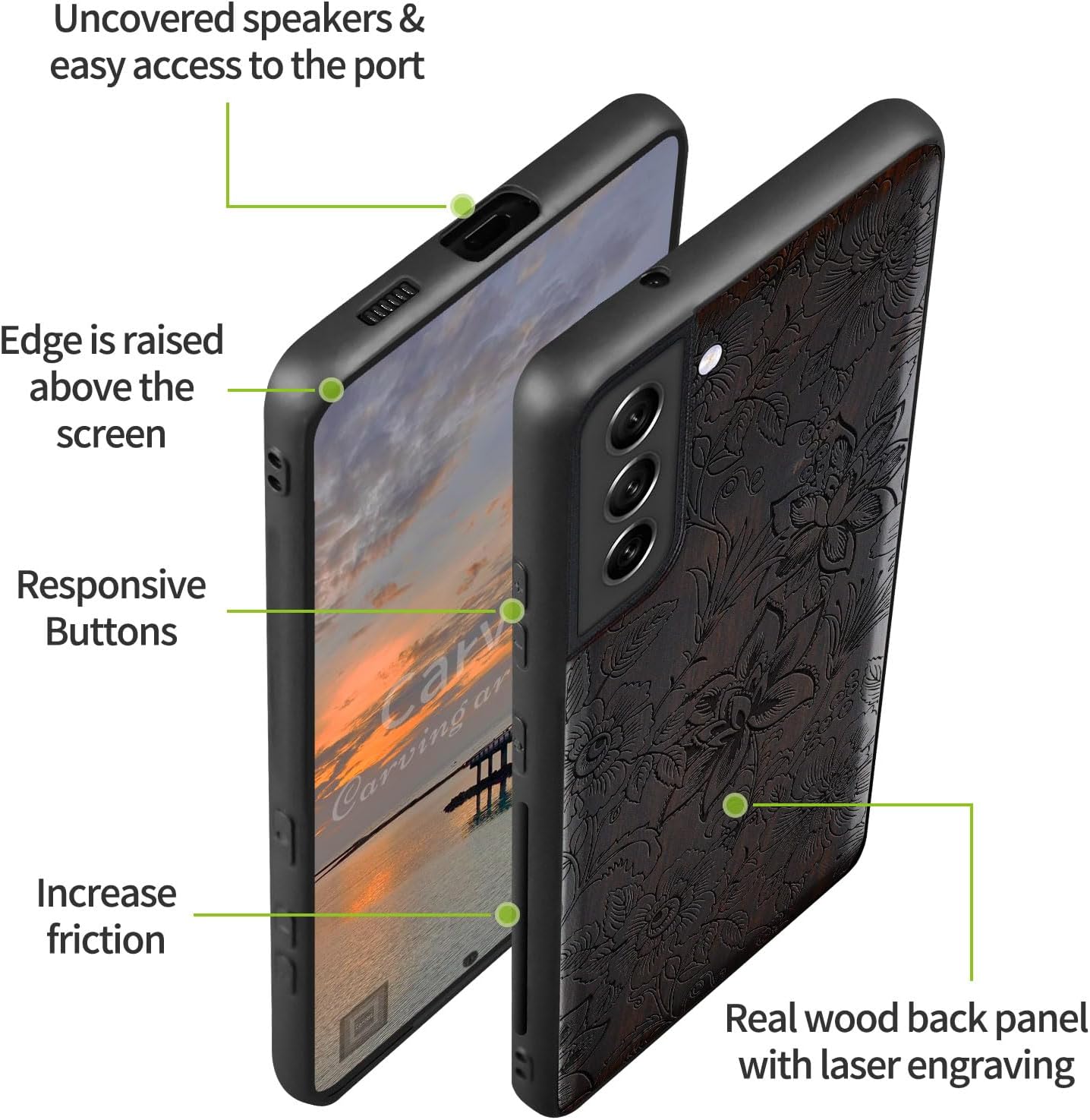 Carveit Wood Case for Galaxy S22 Case [Natural Wood & Black Soft TPU] Shockproof Protective Cover Unique Wooden Design Compatible with Samsung S22 (Flowers and Leaves-Blackwood)