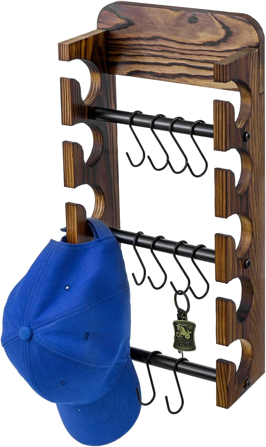 MyGift Wooden Hat Rack Wall Mount, Baseball Cap Organizer Display Holder, Hat Storage Shelf with White Cursive Hats Label,10 Hanging Hooks, Rustic Burnt Solid Wood