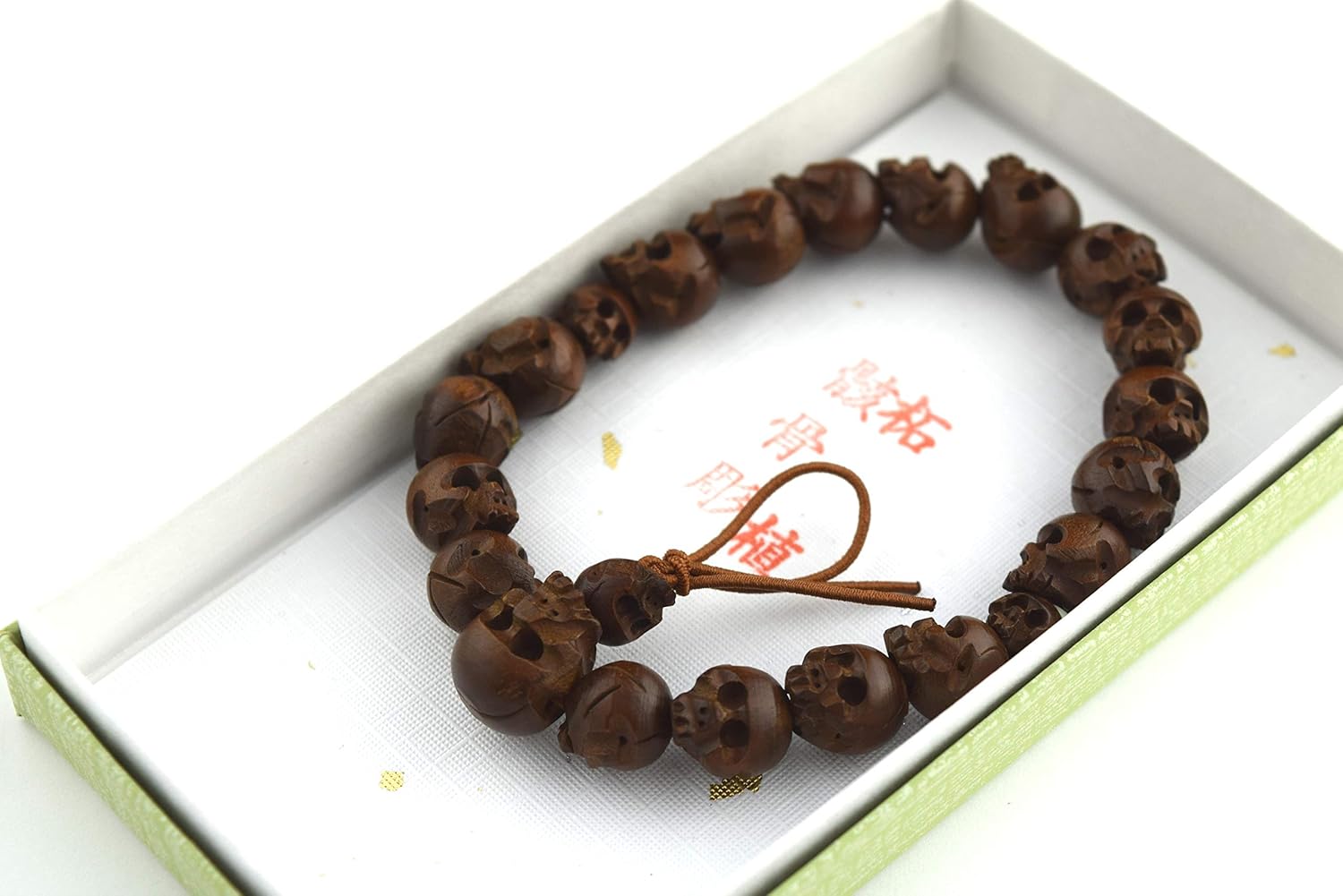 Japanese Boxwood (Tsuge) Skull Mens Wood Bracelet White Black Buxus Juzu Halloween Craft Handmade in Kyoto