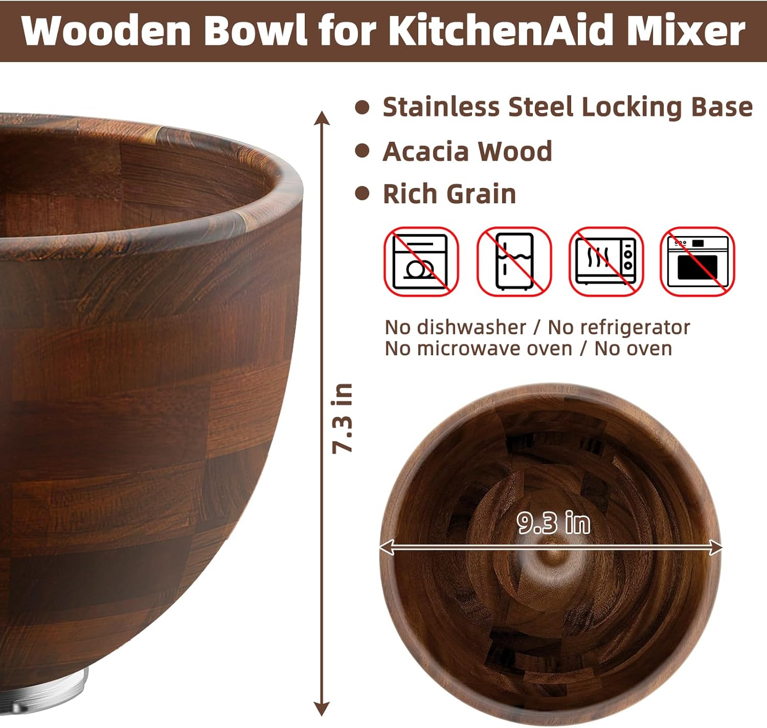 Premium Walnut Wood Mixing Bowl Compatible with KitchenAid 4.5 & 5 QT Tilt-Head Models – Natural Food-Grade Walnut Wooden Bowl with Stainless Steel Locking Base | 5QT