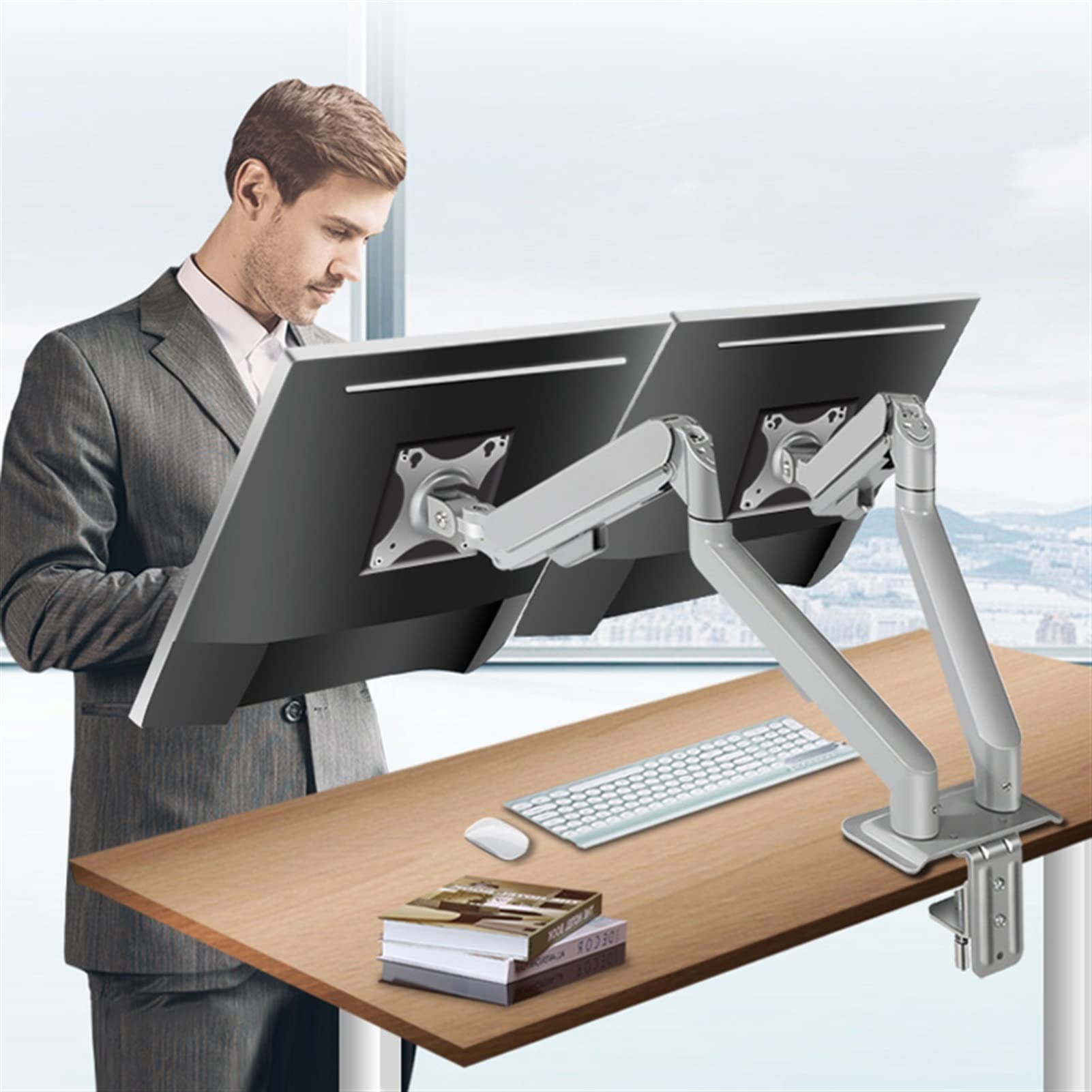 Supporto da scrivania per monitor 17-30 "DOPPIO MONITOR DESCRIZIONE Braccio, Movimento a molla a gas Lcd. Dual Monitor Mount, Vesa. Monte 75x75 100x100mm, tiene fino a 19.8 libbre / braccio Supporto p