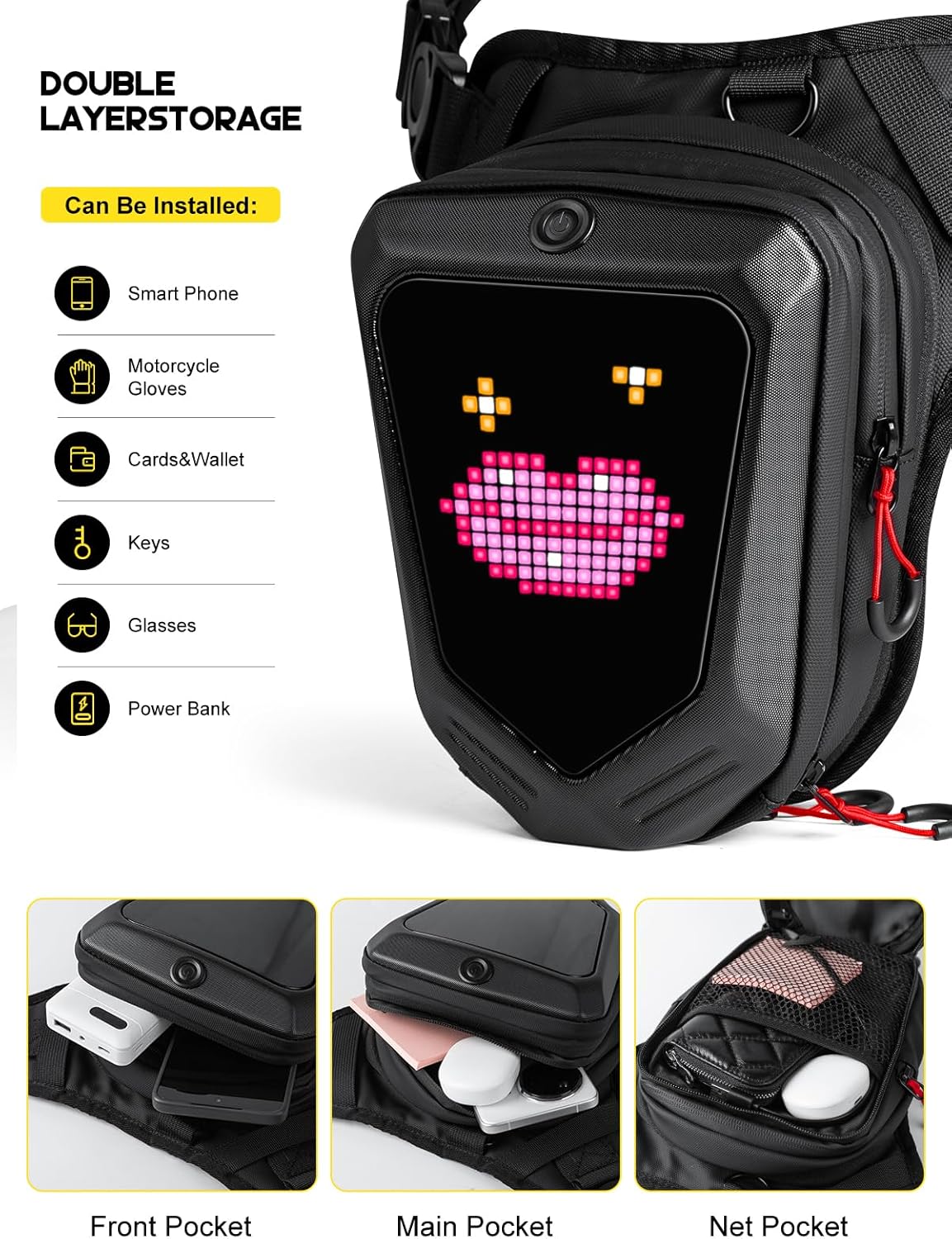[Battery not included] Gelrova LED Thigh Bag, Programmable LED Drop Motorcycle Leg Fanny Pack Expandable Storage Tank Bags for Racing Bike Cycling