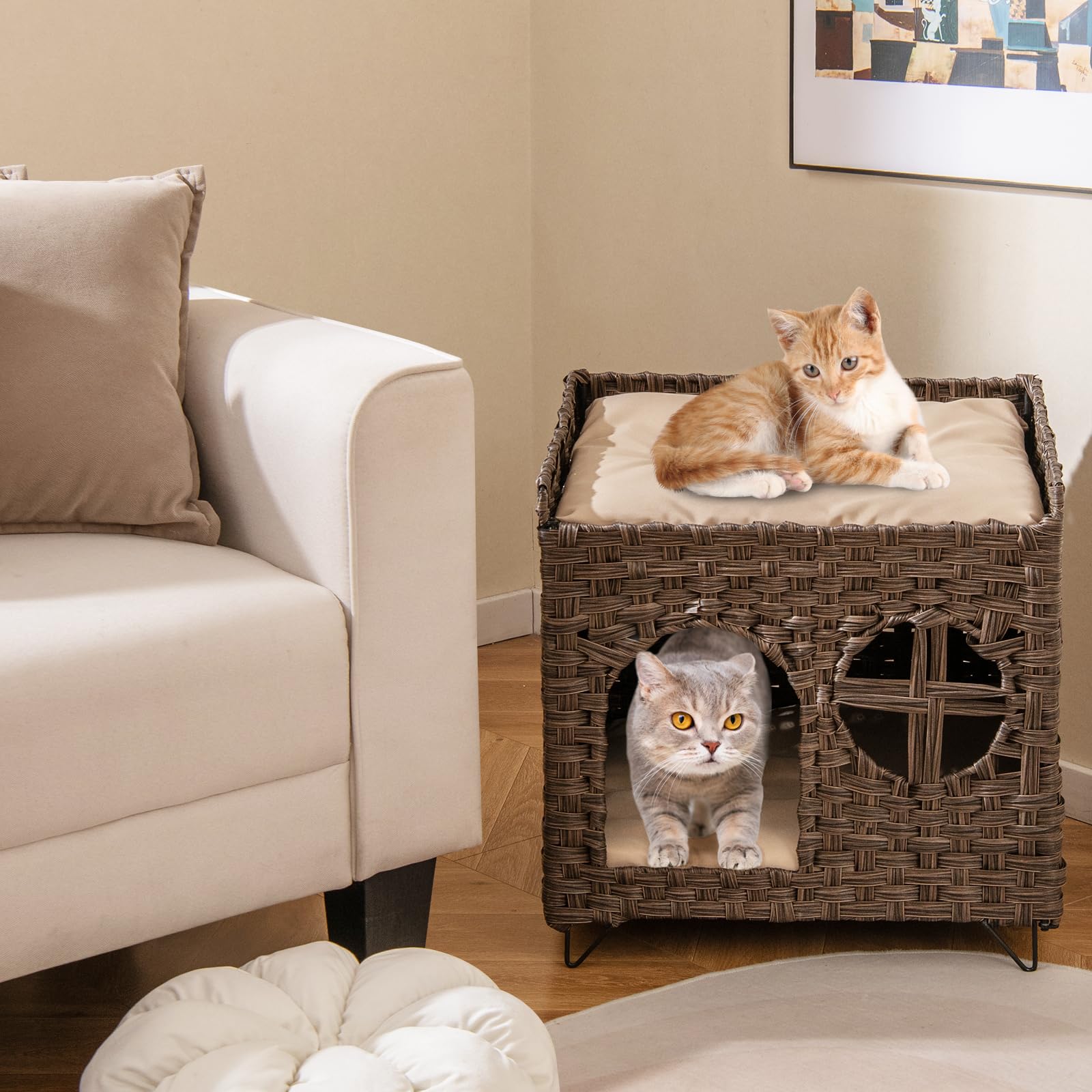 COSTWAY Katzenhaus aus PE-Rattan, Klappbar, 2 Etagen Katzenbett mit großer Sitzstange, abnehmbaren Kissen, Metallbeinen & Fenster, Indoor Katzenmöbel für Katzen, 50,5 x 45 x 50 cm