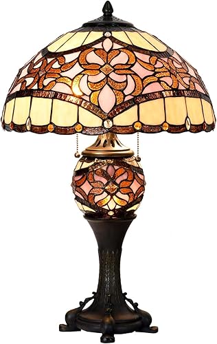 Miniatura 10 de Bieye L10802 Lámpara de mesa barroca estilo Tiffany vitral, base iluminada para sala de estar, mesita de noche, decoración del hogar (16 pulgadas,