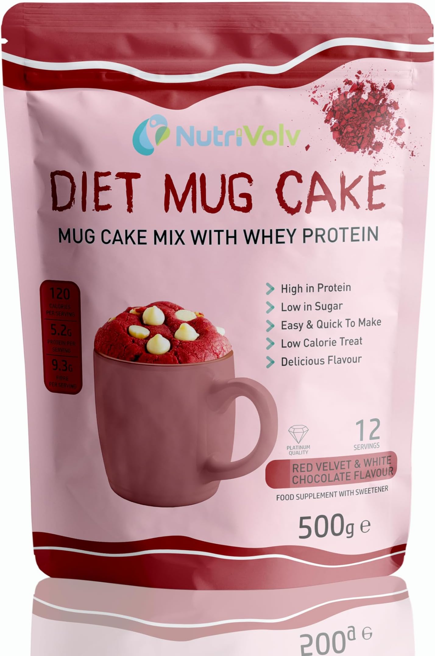 Nutrivolv Protein Mug Cake Mix - 109 Calorie High Protein, Low Sugar Snack - 11 Servings - 500g - Healthy Dessert for Weight Management & Fitness (500g, Red Velvet & White Chocolate)
