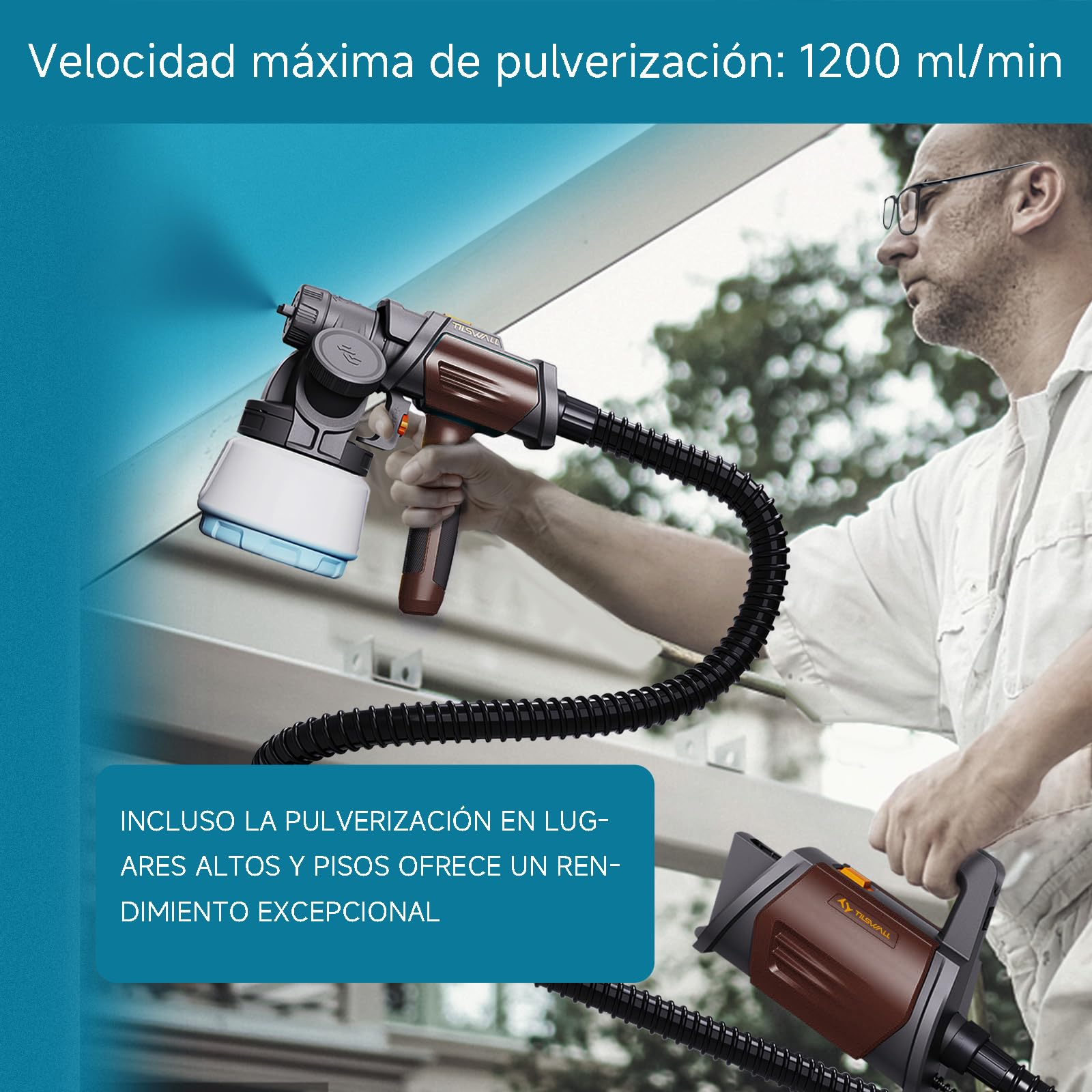 Tilswall Pistola Pintura, Pulverizador de Pintura HVLP 800W, 4 Boquillas y 3 Patrones, Contenedor de Pintura con Recarga Lateral, 120 DIN-s Pistola de Pintura, para Vallas, Jardín y Muebles