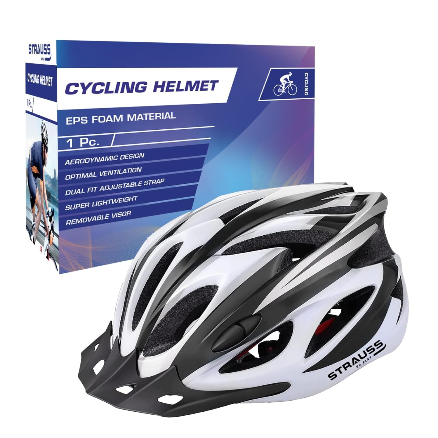 Strauss Adjustable Cycling & Skating Helmet with Detachable Visor | Light Weight with Superior Ventilation | Adjustable Strap with Comfortable Chin Padding | Ideal for Men, Women & Kids (Black/White)-picture-16