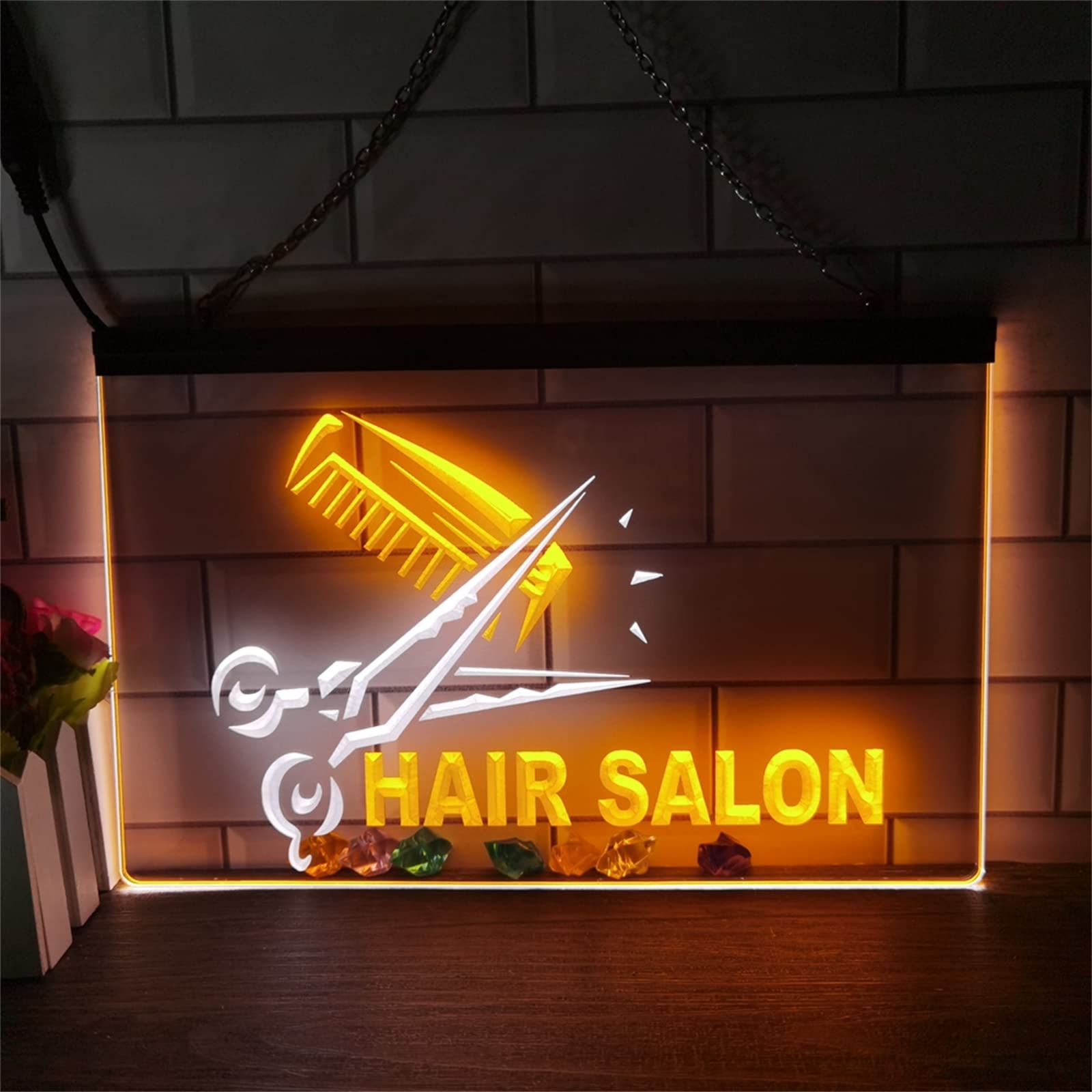 Insegna al neon per parrucchiere, luci notturne con decorazioni a forbice per capelli personalizzati, luci al neon acriliche, insegna luminosa appesa a parete, 40x30cm,White yellow