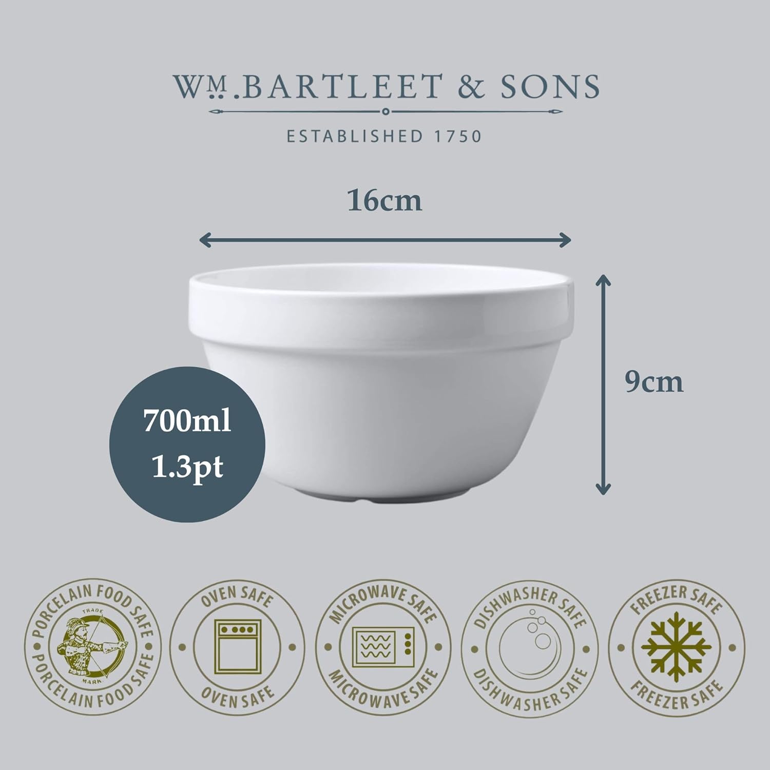 WM Bartleet & Sons 1750 Traditional Porcelain Pudding Basin (16cm/700ml/1.3pt) – White