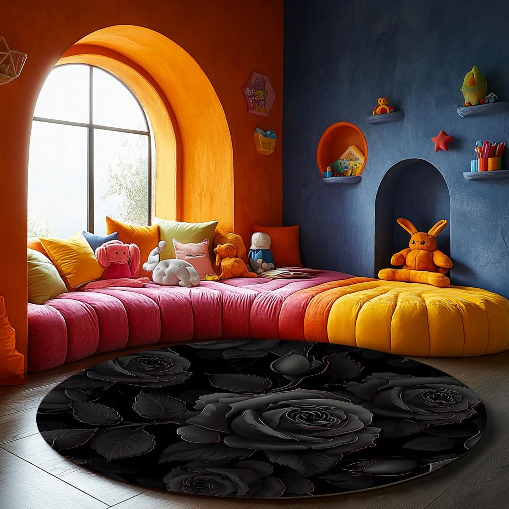 Black Rose Bush Round Non-Slip Printed Rug, Suitable for Bathroom, entryway, Dining Room, Living Room and Study, is a Great Decorative Rug for Young