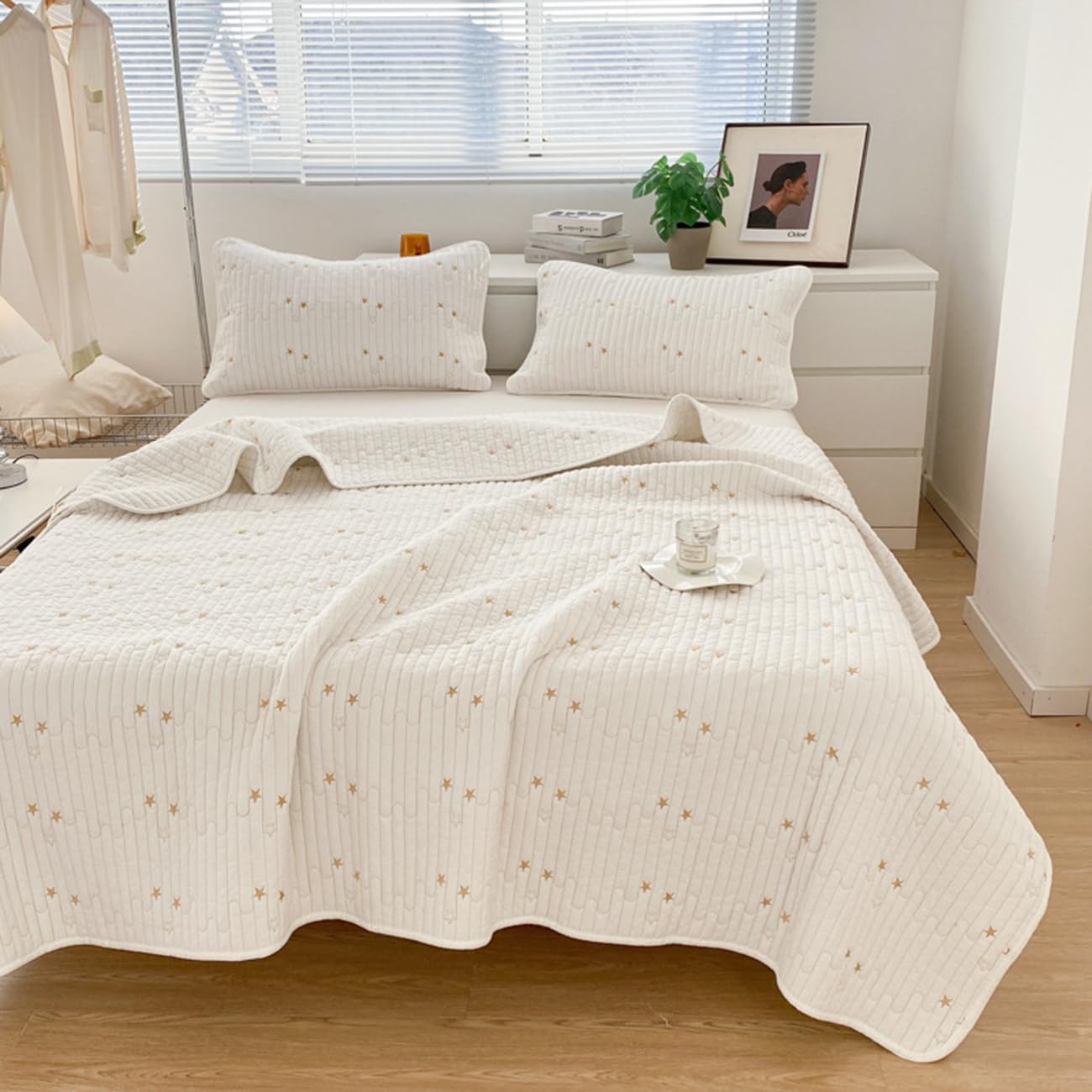 Colcha Cama, 100% Algodón Acolchado Fino, Cubrecama Moderno Y Elegante Tejido Fino, Colcha Cubre Cama Multiusos para Todas Las Estaciones,Blanca,230 * 245cm