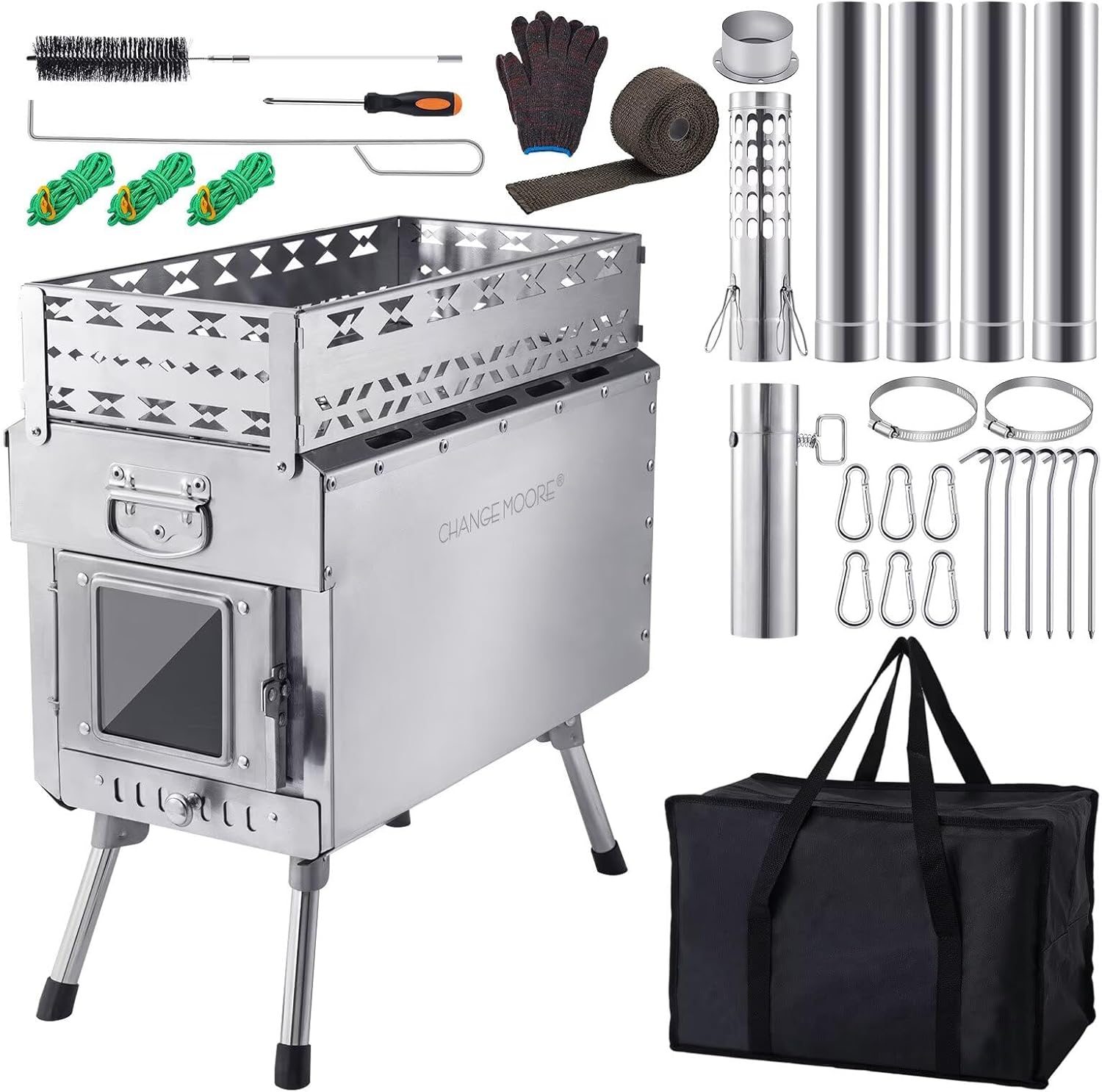 CHANGE MOORE Wood Burning Sauna Hot Tent Stove, Upgraded Heat Concentration for Lasting Warmth, Portable Camping Wood Stove, Outdoor Camping Fireplace with Anti-scalding Cloth & Chimney Pipe