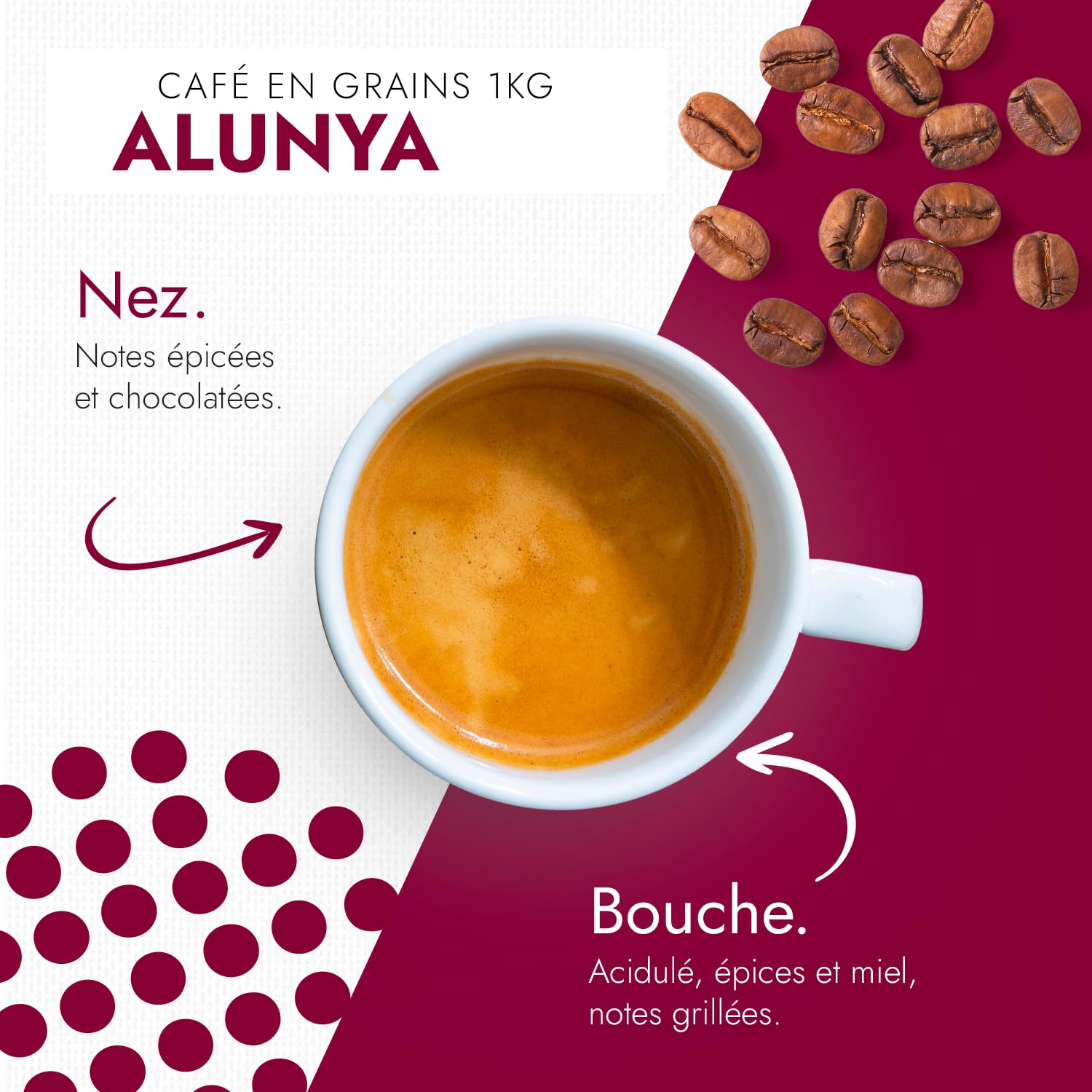 CAFÉS FOLLIET - Café En Grains - Alunya - Torréfaction traditionnelle - Intensité 8/10-100% Arabica - Café vert - Amérique Centrale, Afrique & Asie - 1kg