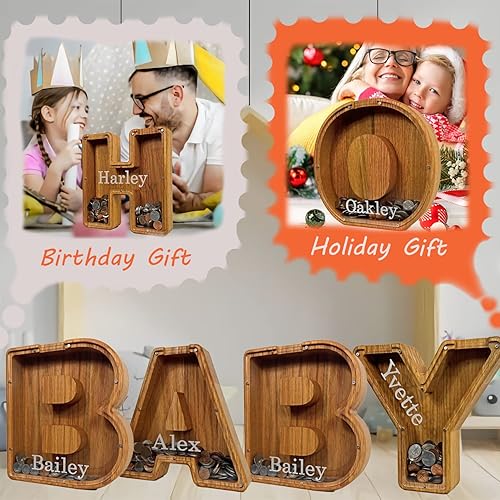 Miniatura 5 de Personalized Name Wood Piggy Bank Gift Coin Bank, Laser Engraved Name 26 English Letters DIY DecorPractical Gifts for Birthday, Christmas (M)