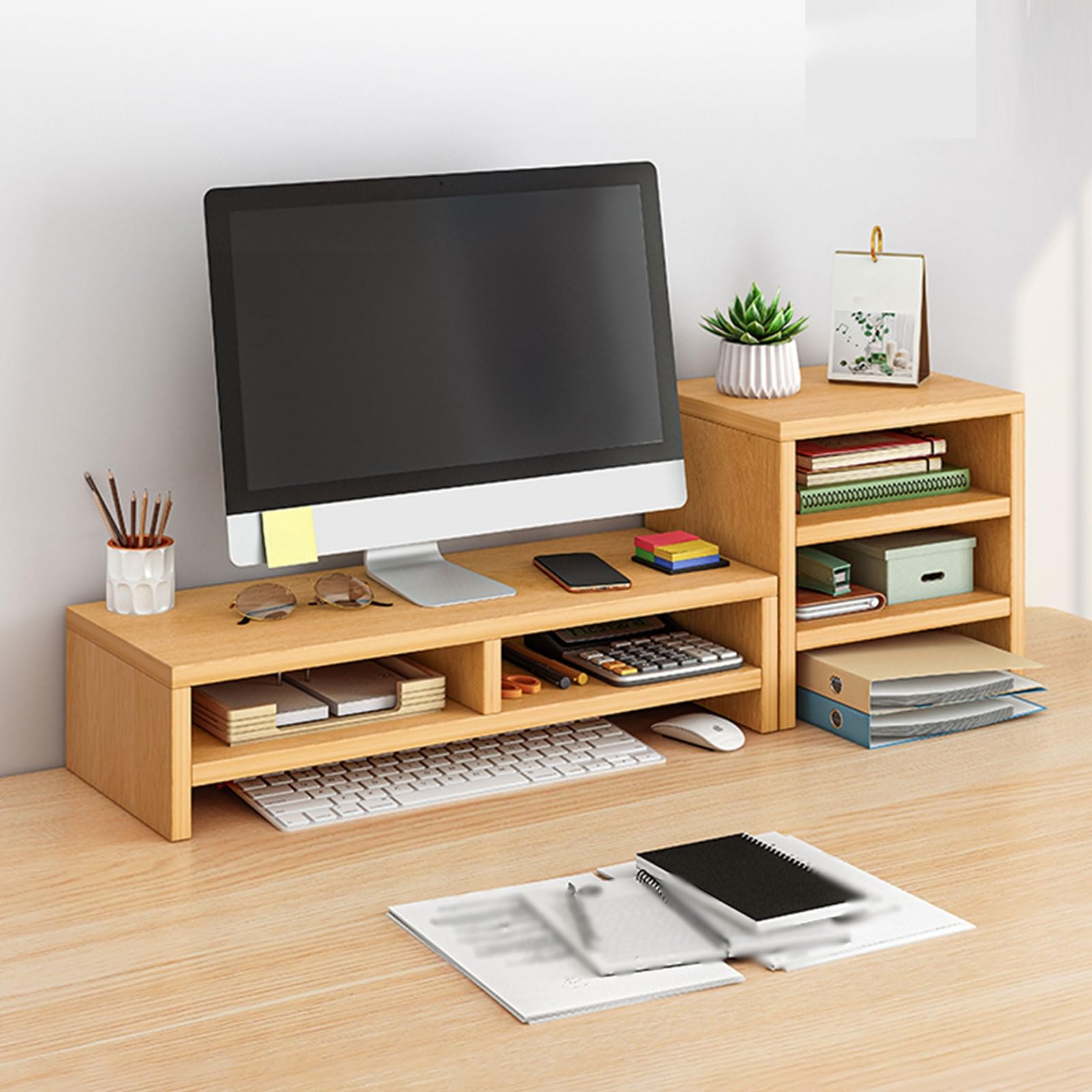 Matiko Desk Shelf Organizer Wood Equipped With Monitor Elevated Stand, Increase Depth For Greater Storage, Desktop Shelf For Home Office Desk Writing Gaming Study Color : Wood Color
