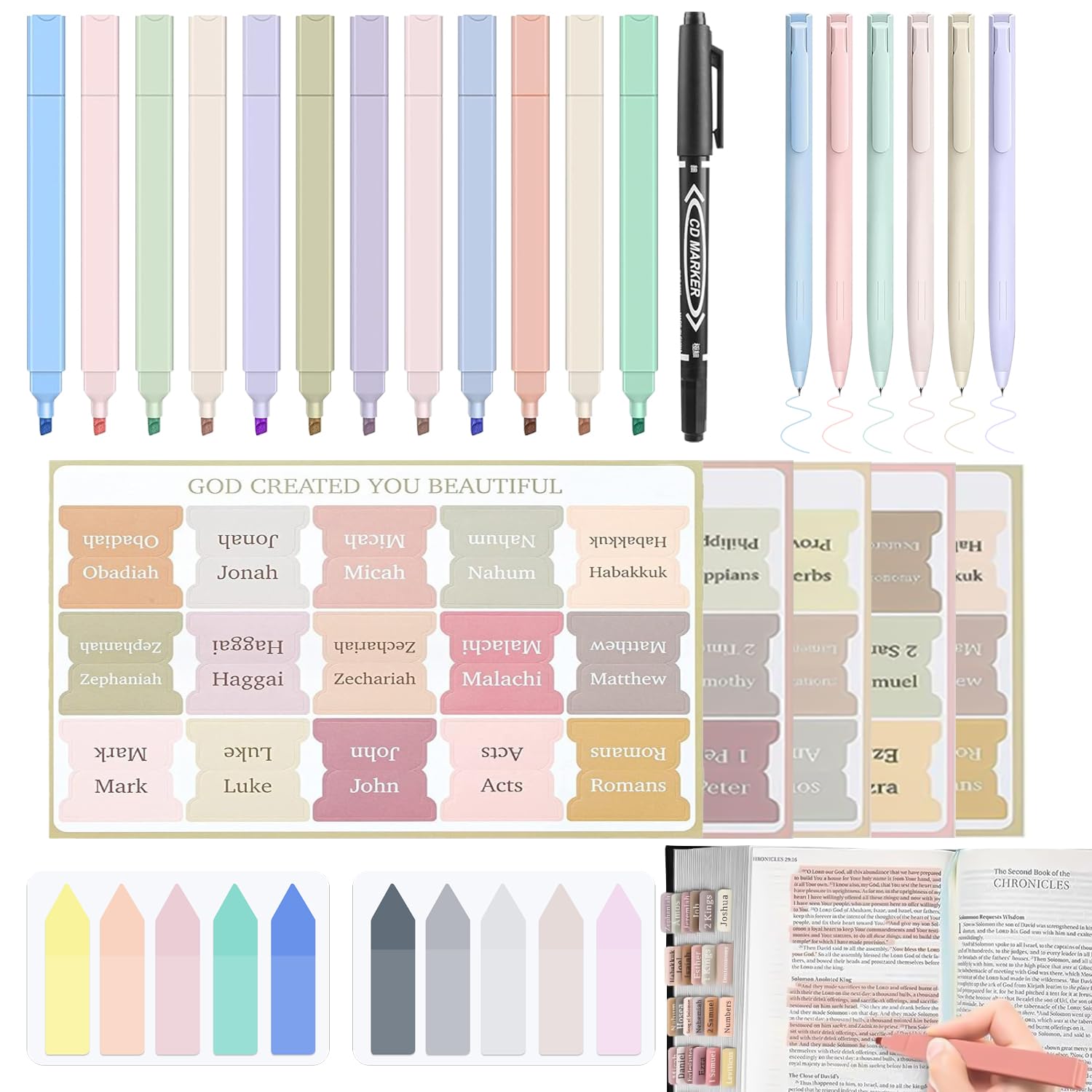 Bible Journaling Kit - Bible Study Supplies with 12 Highlighters, 6 Pens, 75 Laminated Tabs & Sticky Notes for Women & Men