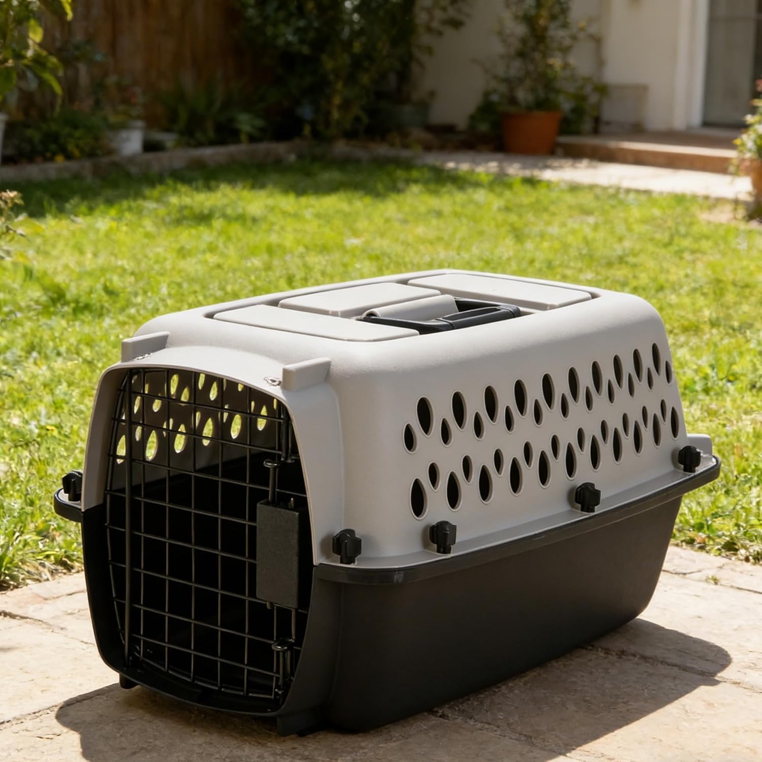 Small Dog Crate 19 Inch, Hard-Sided Plastic Travel Kennel with Steel Wire Front Door, Portable Pet Carrier for Small Dogs & Cats, Easy-Squeeze Locking Latches, Black/Grey