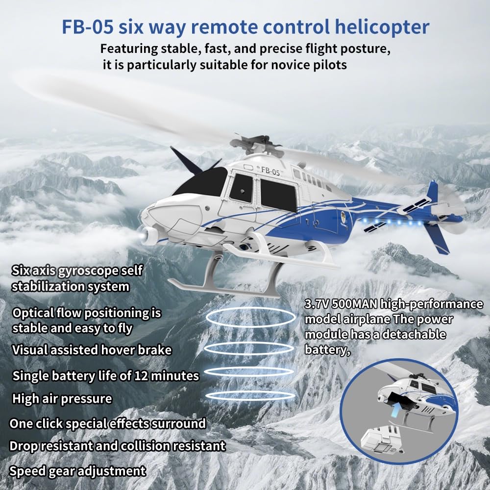 FB-05 2,4G RC Hubschrauber Mit Optical Flow Positionierung, Höhenhaltung, LED Navigationslicht Und Schwebefunktion Ferngesteuertes Flugzeug Helicopter Für Anfänger -Blau/2 Batterie