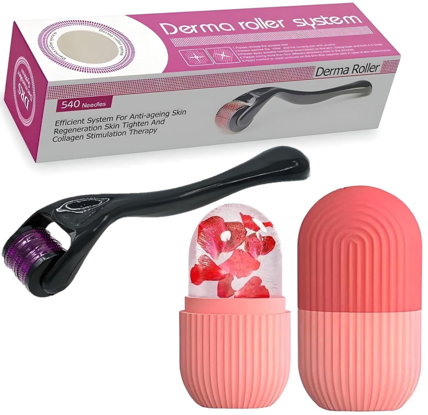 E-COSMOS Derrma Roller & Ice Roller Combo 0.5mm 540 Titanium Alloy Needles, Promotes Beard Growth, Hair Regrowth & Reduces Acne Scars, Ice Face Roller Silicone Facial Cube for Eyes Neck Massage